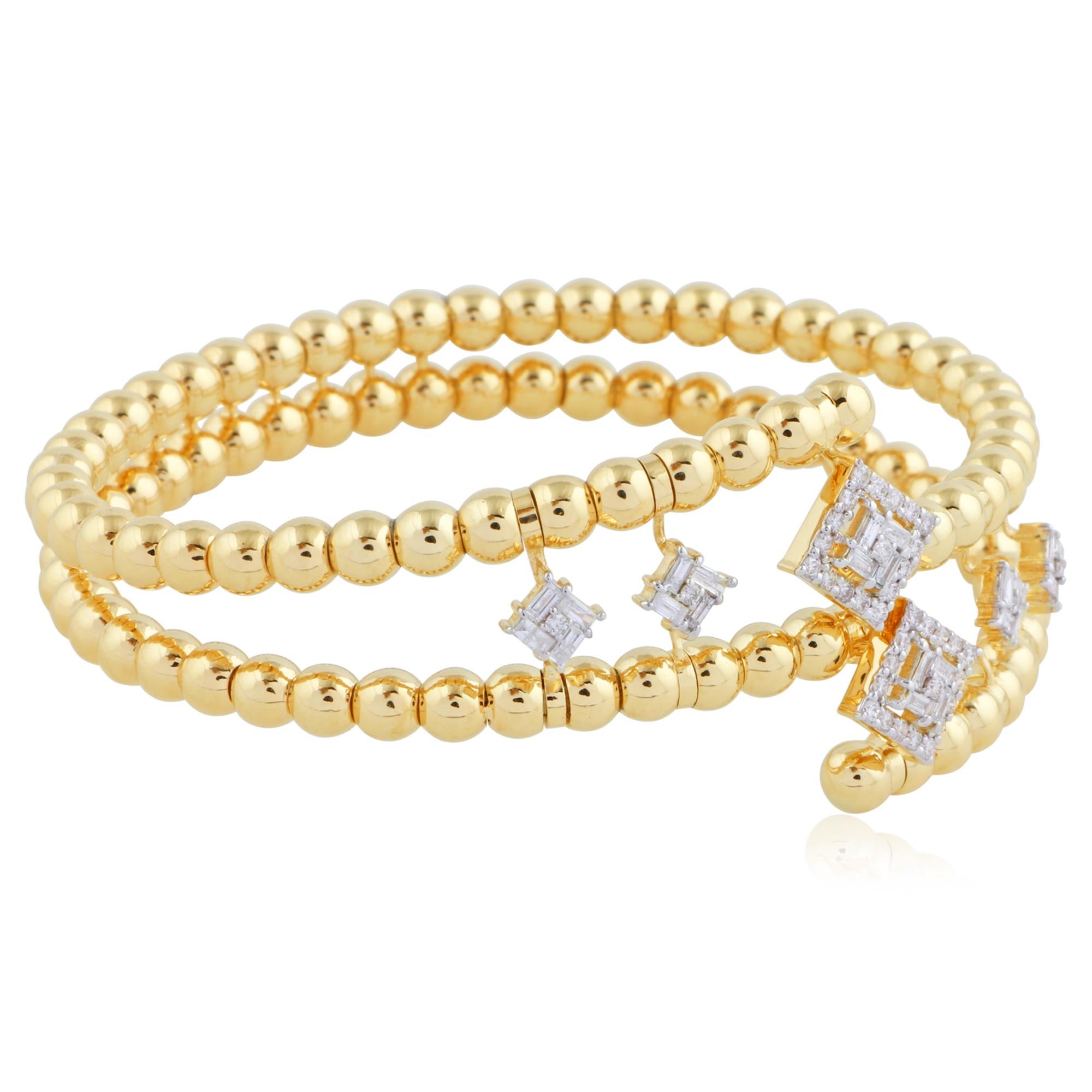 Modern 0.90 Carat SI/HI Baguette Diamond Bead Ball Bangle Bracelet 18 Karat Yellow Gold For Sale