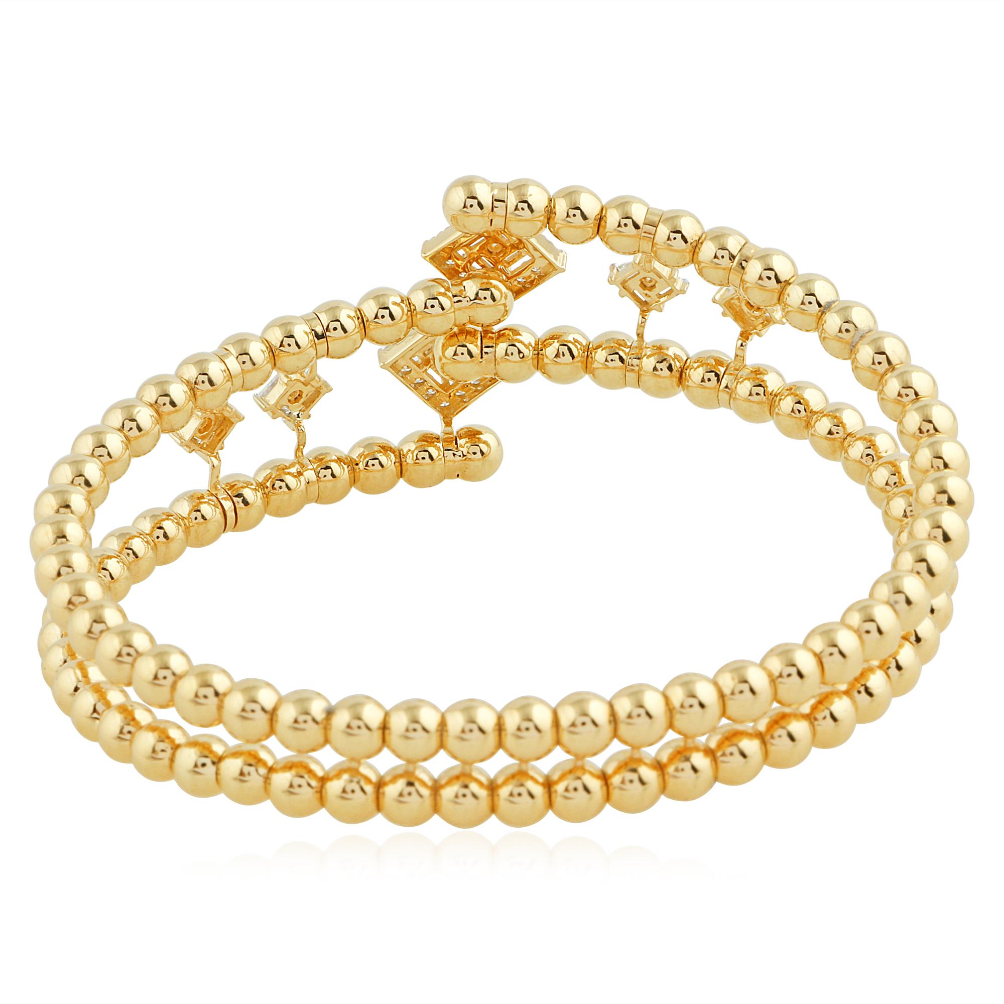 Baguette Cut 0.90 Carat SI/HI Baguette Diamond Bead Ball Bangle Bracelet 18 Karat Yellow Gold For Sale