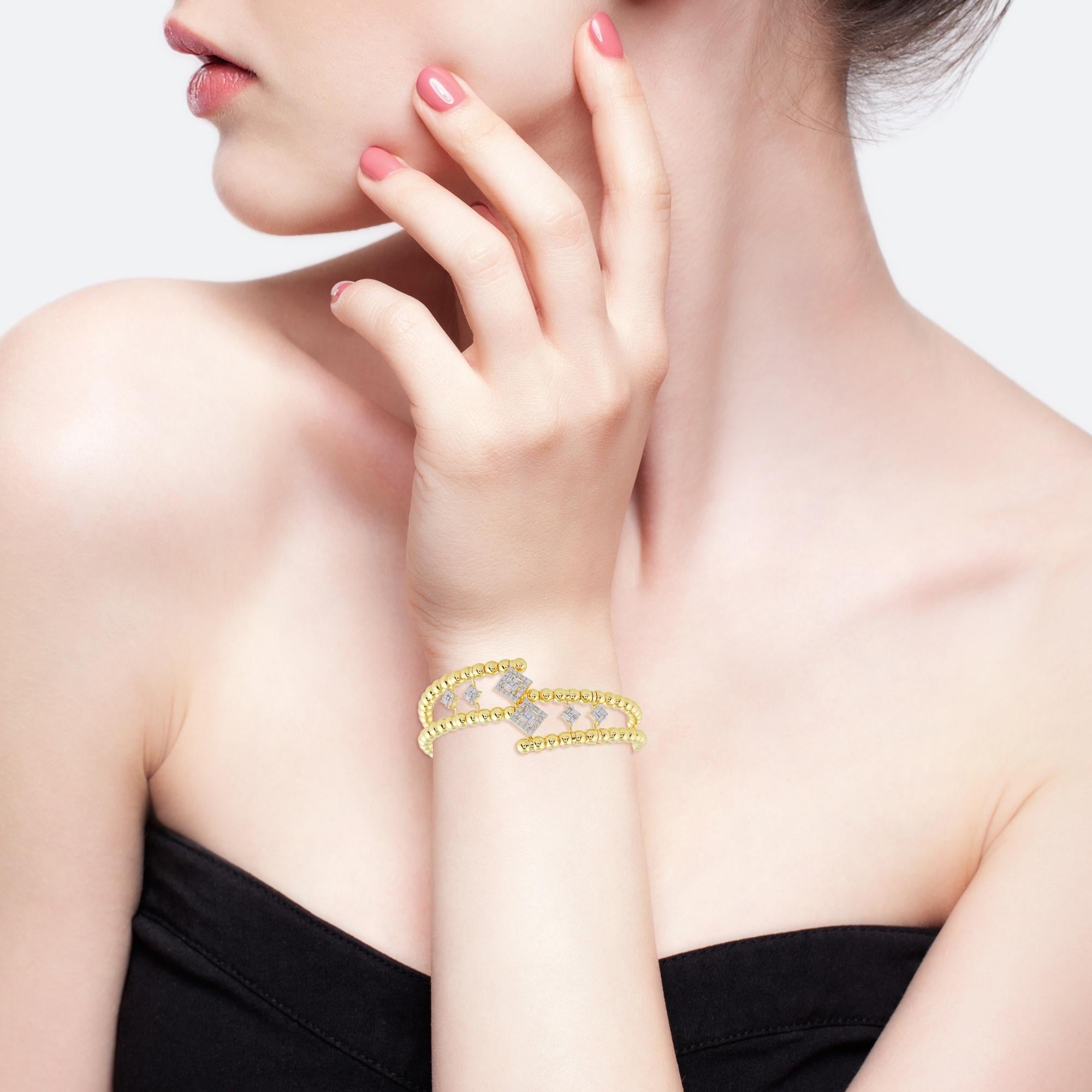 Women's 0.90 Carat SI/HI Baguette Diamond Bead Ball Bangle Bracelet 18 Karat Yellow Gold For Sale