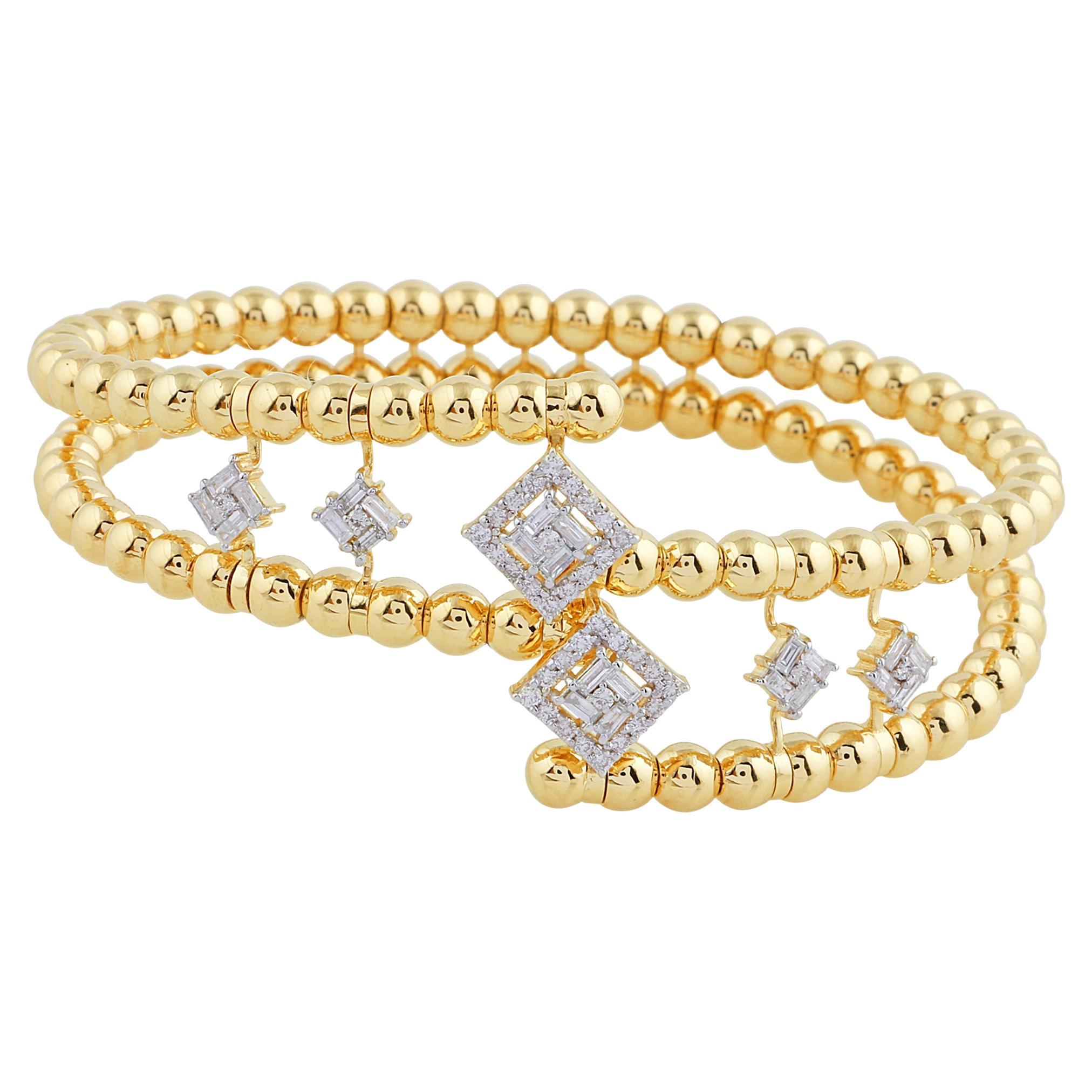 0.90 Carat SI/HI Baguette Diamond Bead Ball Bangle Bracelet 18 Karat Yellow Gold For Sale