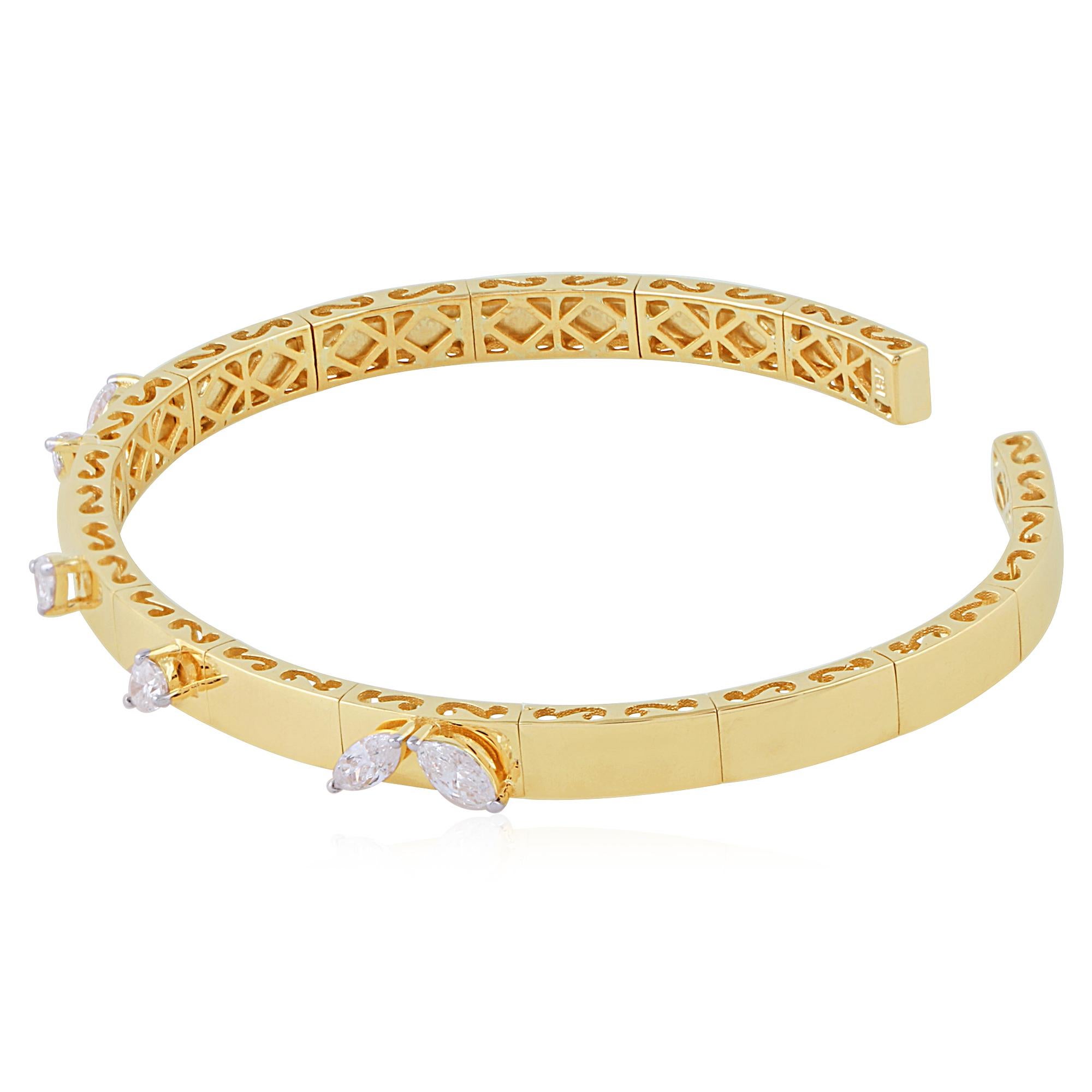 0.90 Carat SI/HI Marquise Pear Diamond Cuff Bangle Bracelet 18 Karat Yellow Gold For Sale 2