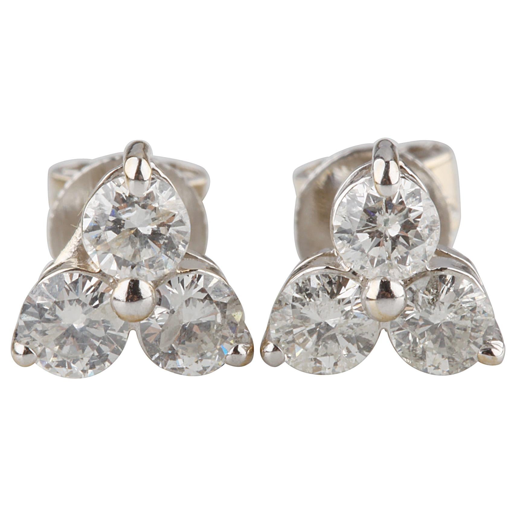 0.90 Carat Three Diamond Cluster Stud Earrings Set in 14 Karat White Gold