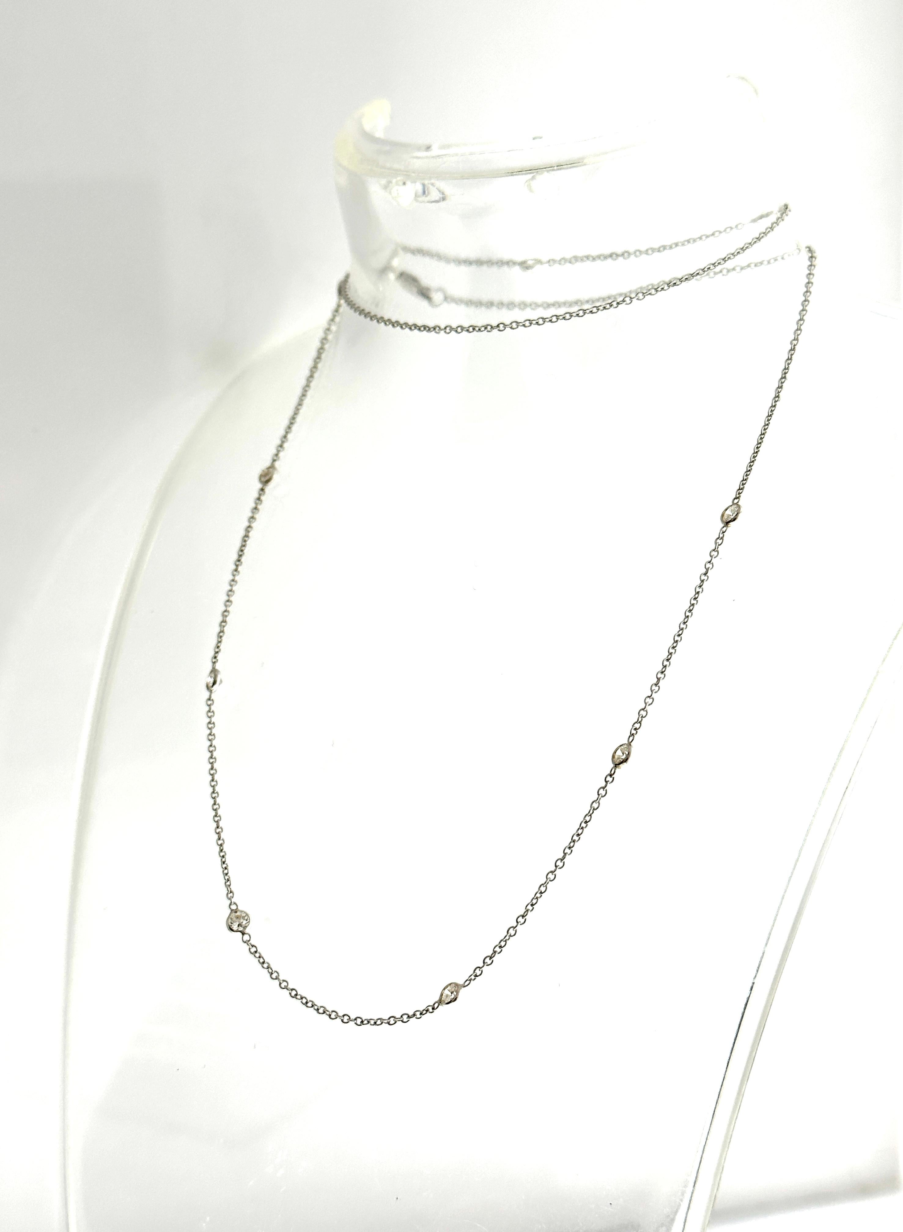 A gorgeous diamond necklace will rarely go overlooked. This 18” piece is both rare and stunning. It includes bezels that set white round diamonds. There are 10 white diamonds that total 0.51 and are G-H color and SI1 clarity. This versatile necklace