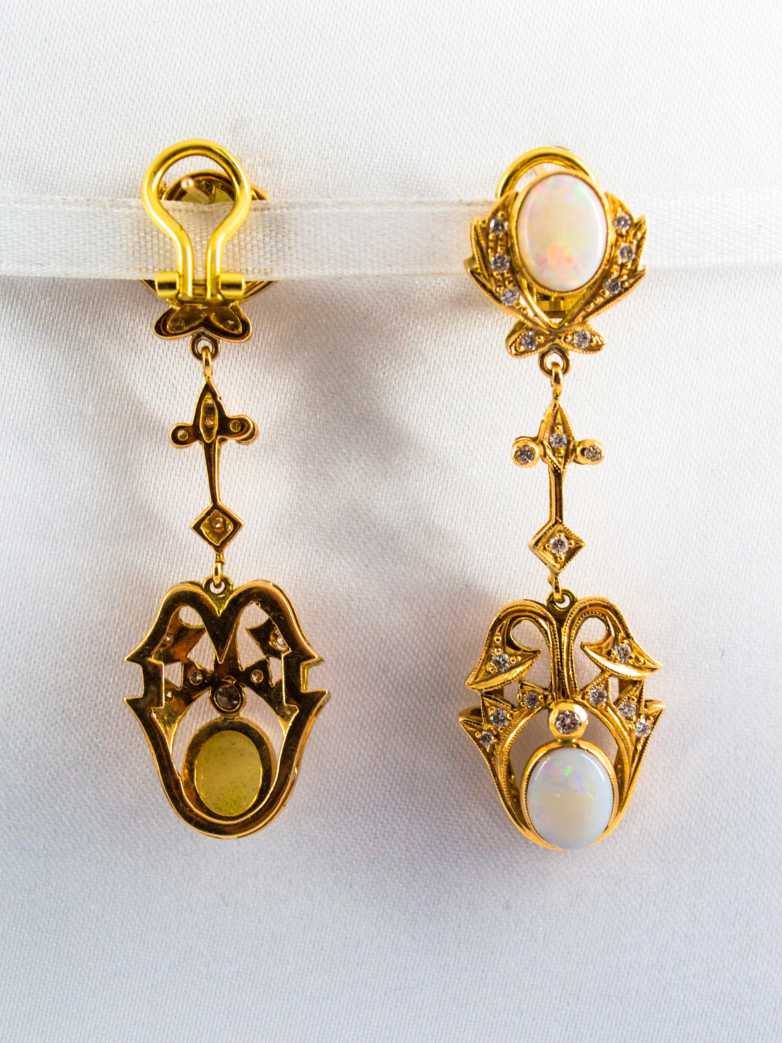 Women's or Men's 0.90 Carat White Diamond 3.90 Carat Opal Yellow Gold Clip-On Drop Earrings