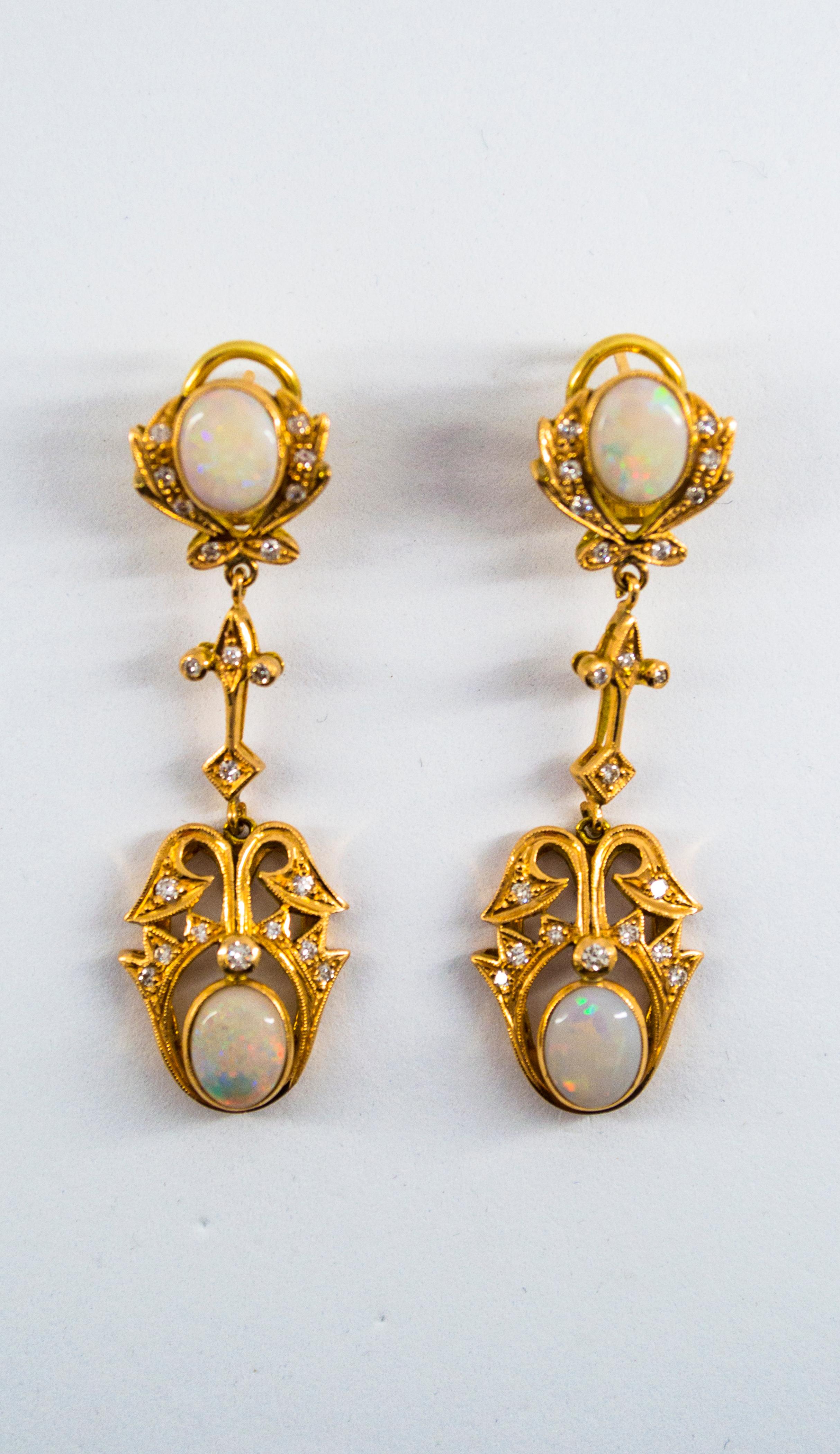 0.90 Carat White Diamond 3.90 Carat Opal Yellow Gold Clip-On Drop Earrings 1