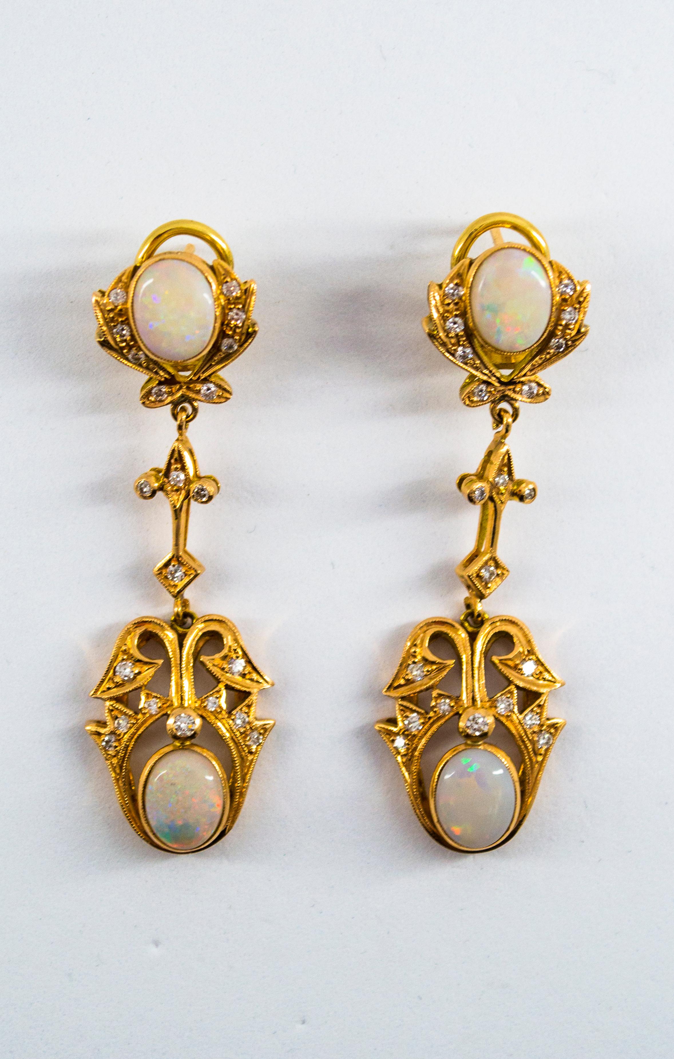 0.90 Carat White Diamond 3.90 Carat Opal Yellow Gold Clip-On Drop Earrings 2