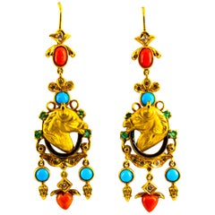 Vintage 0.90 Carat White Diamond Emerald Coral Turquoise Yellow Gold Horse Drop Earrings