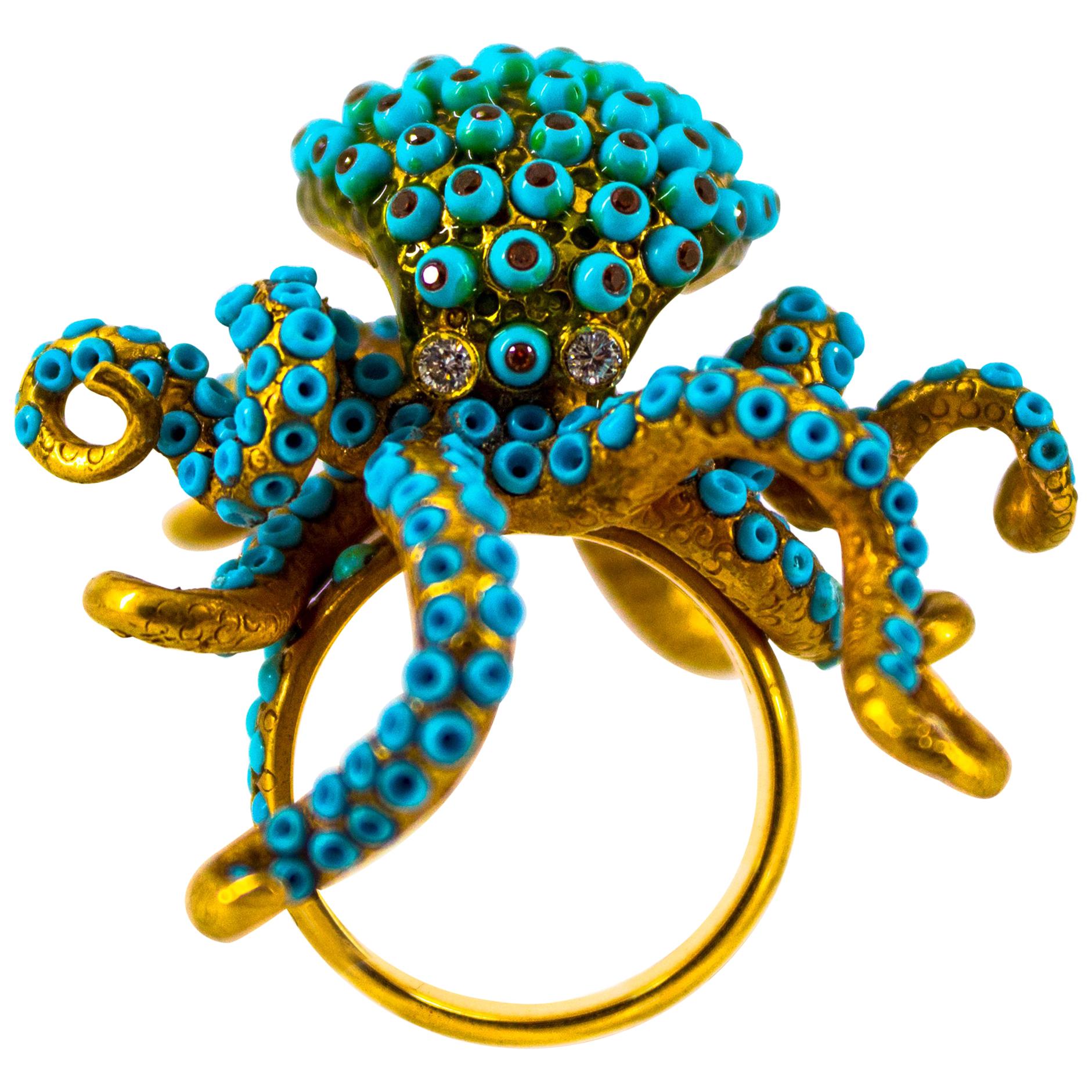 0.90 Carat White Diamond Garnet Turquoise Yellow Gold "Octopus" Cocktail Ring