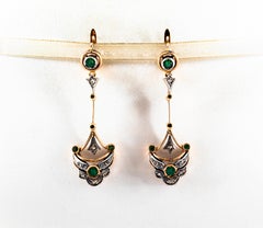0.90 Carat White Rose Cut Diamond Emerald Yellow Gold Lever-Back Drop Earrings