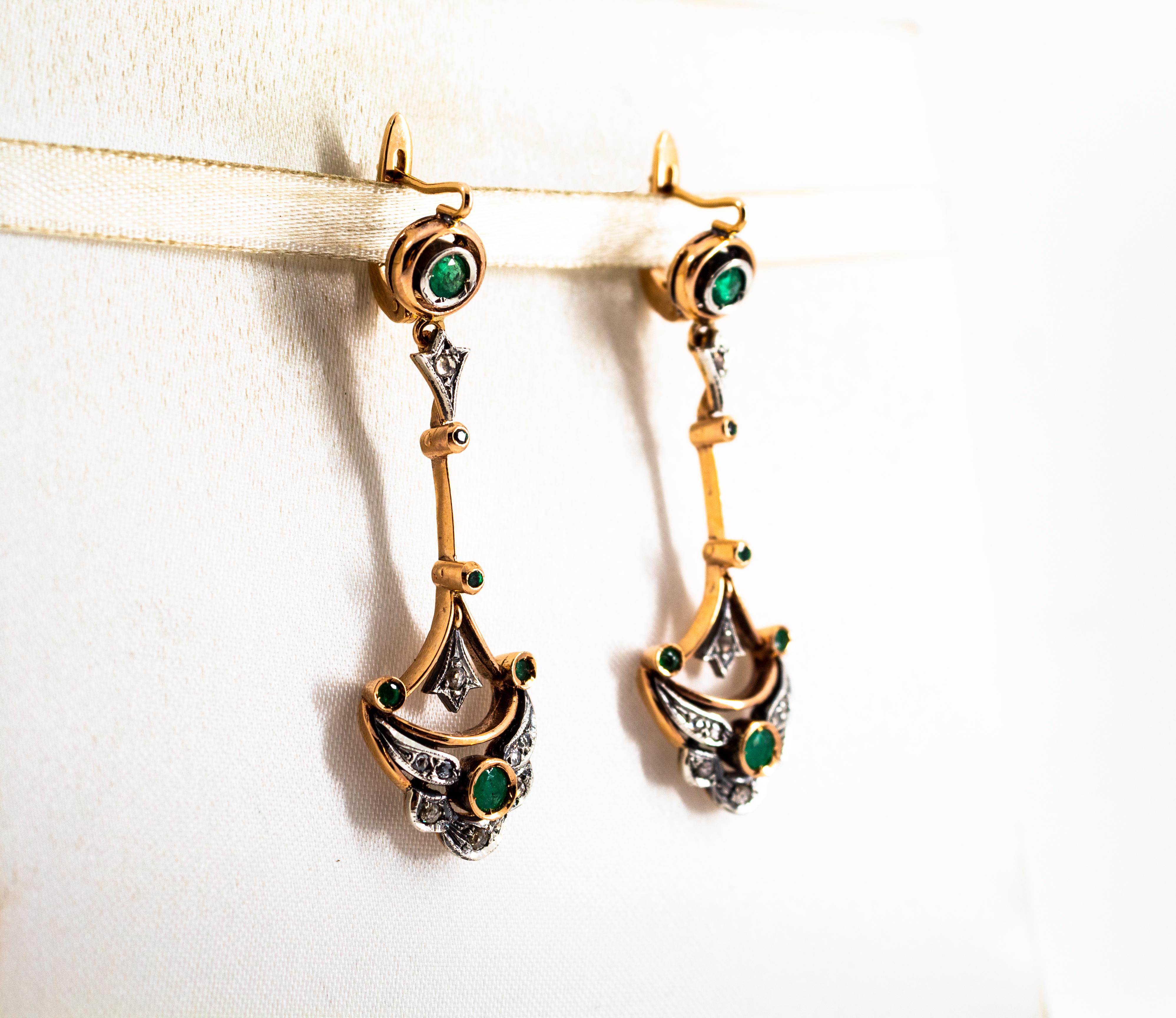 Art Deco 0.90 Carat White Rose Cut Diamond Emerald Yellow Gold Lever-Back Drop Earrings For Sale