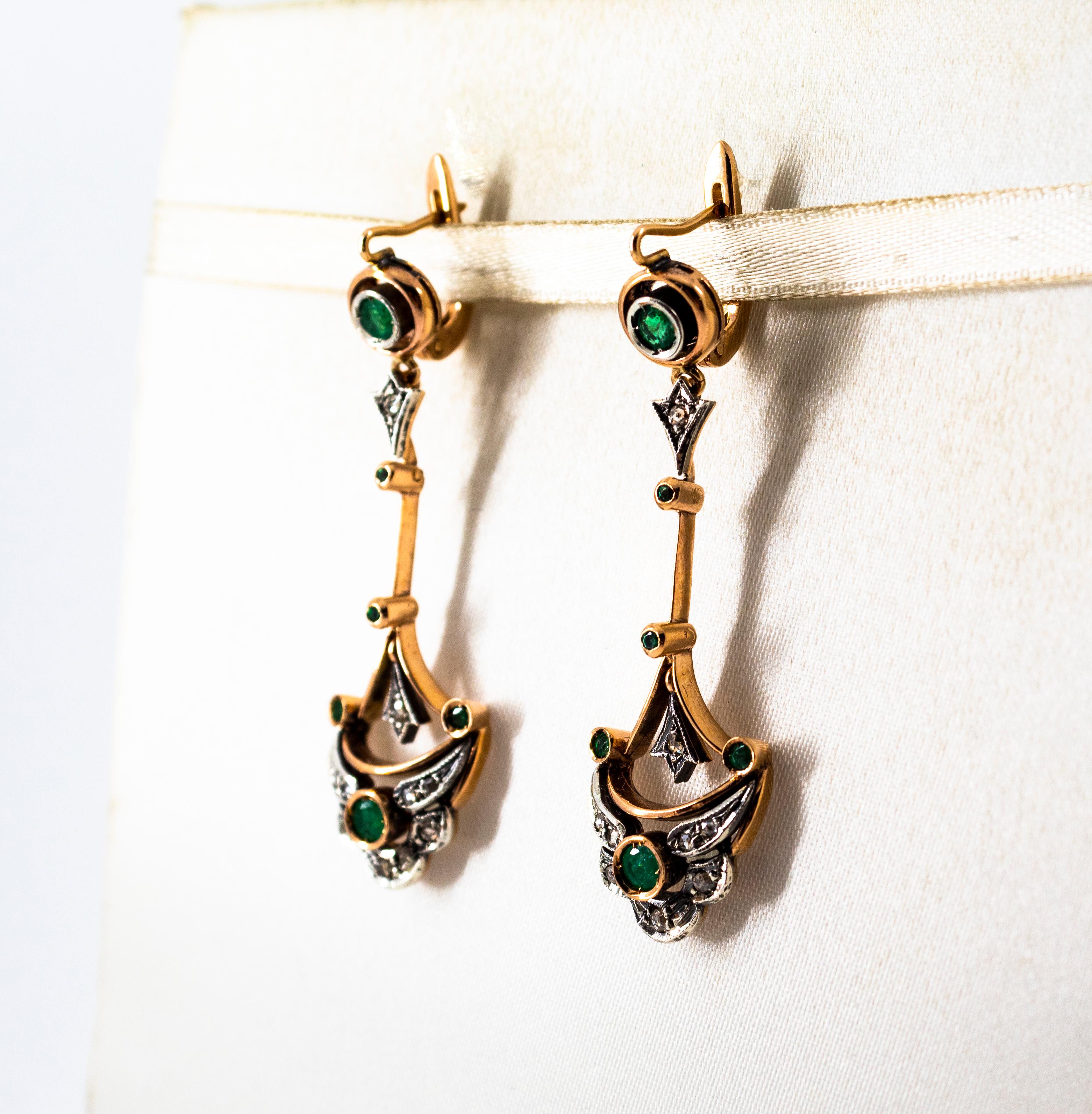 Women's or Men's 0.90 Carat White Rose Cut Diamond Emerald Yellow Gold Lever-Back Drop Earrings For Sale