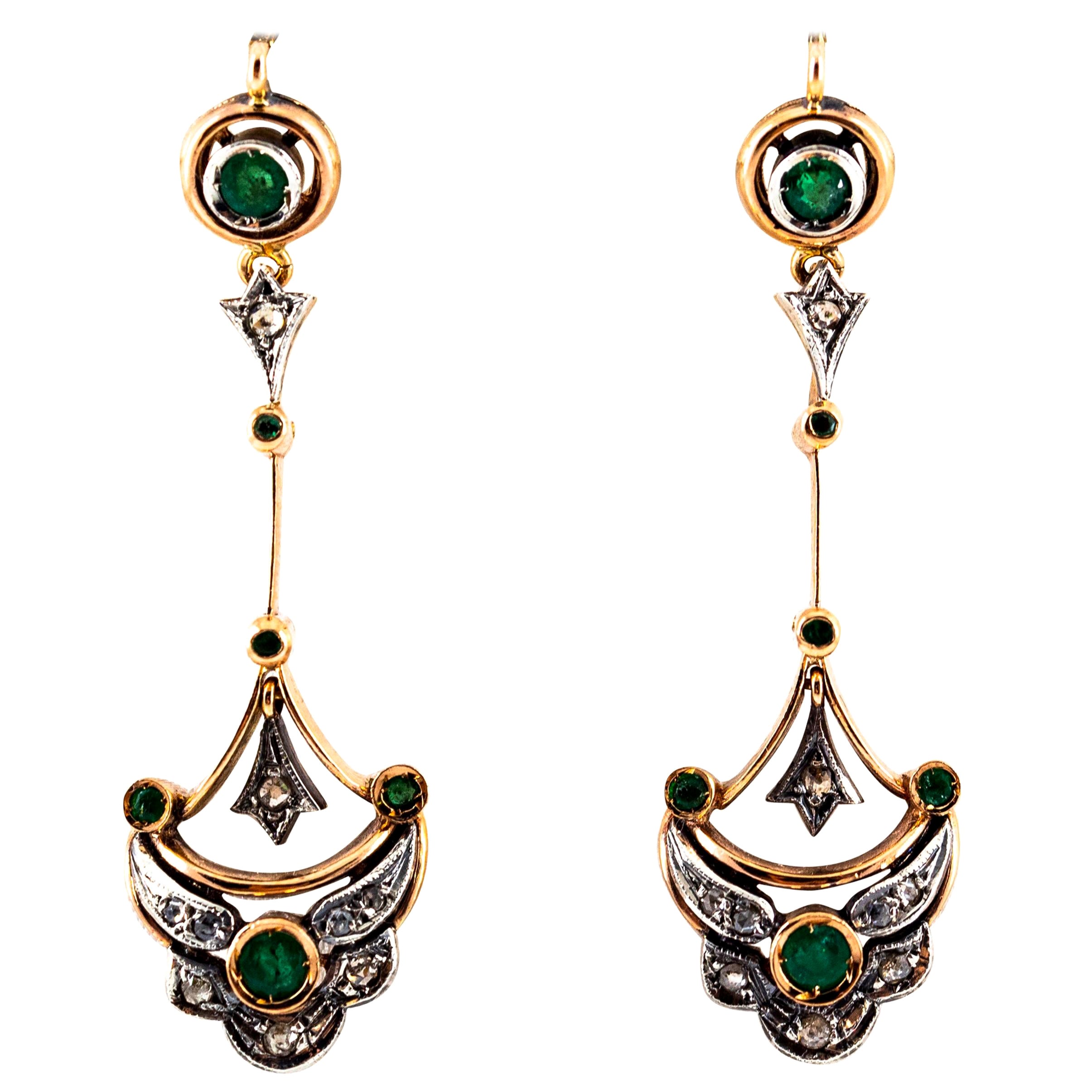 0.90 Carat White Rose Cut Diamond Emerald Yellow Gold Lever-Back Drop Earrings