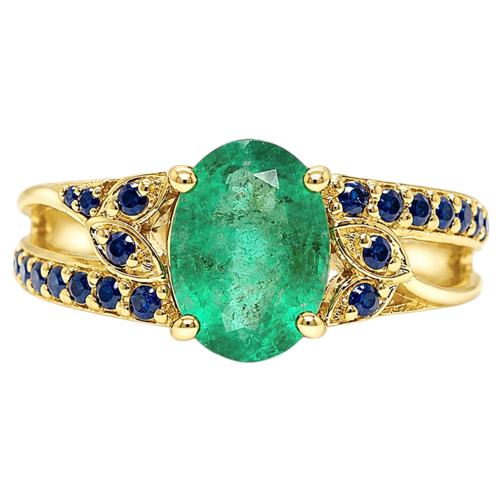0.90 Carat Zambian Emerald Solitaire Ring Blue Sapphire Accents in 14K Gold