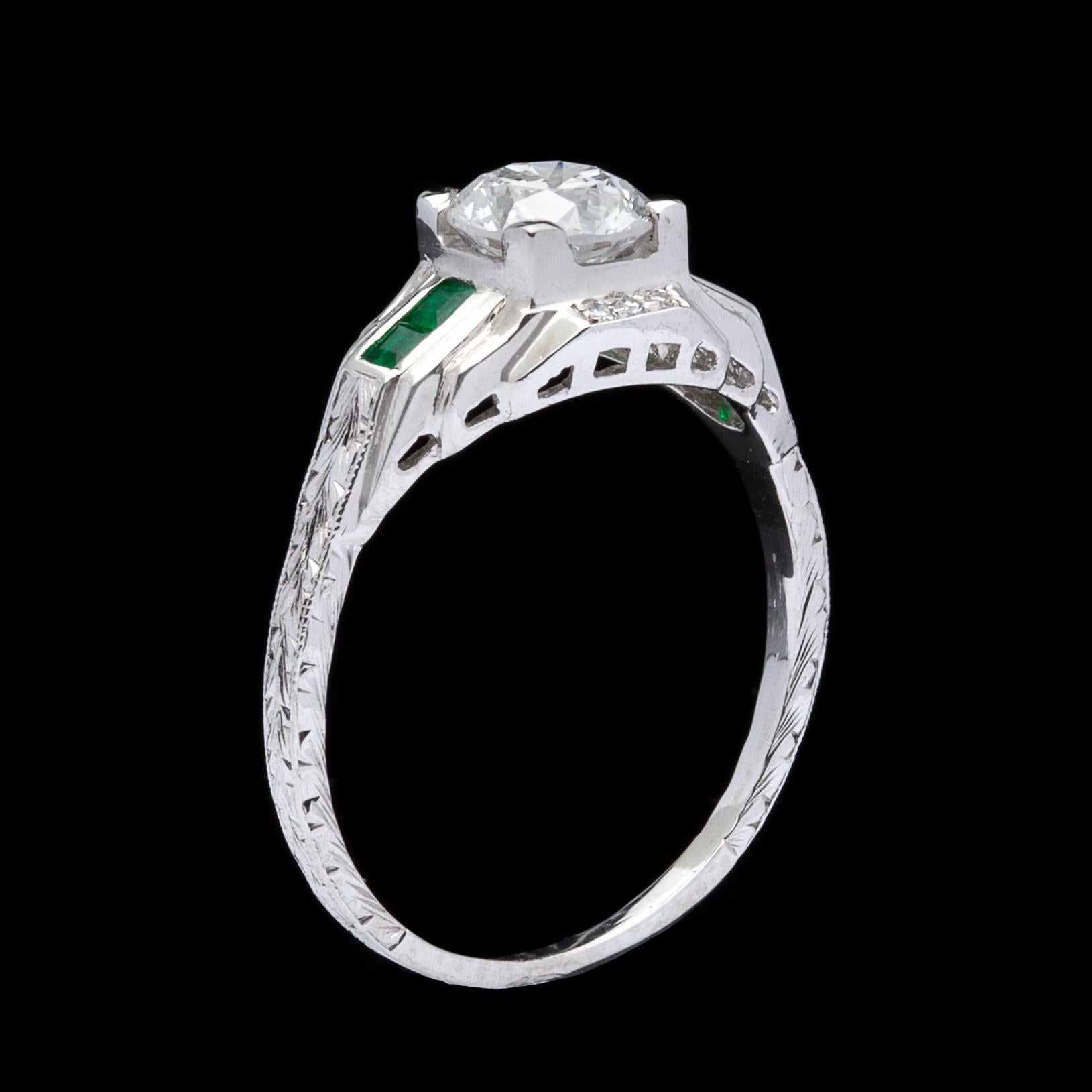 Art Deco 0.90 Carat F/SI1 Diamond and Emerald Engagement Ring