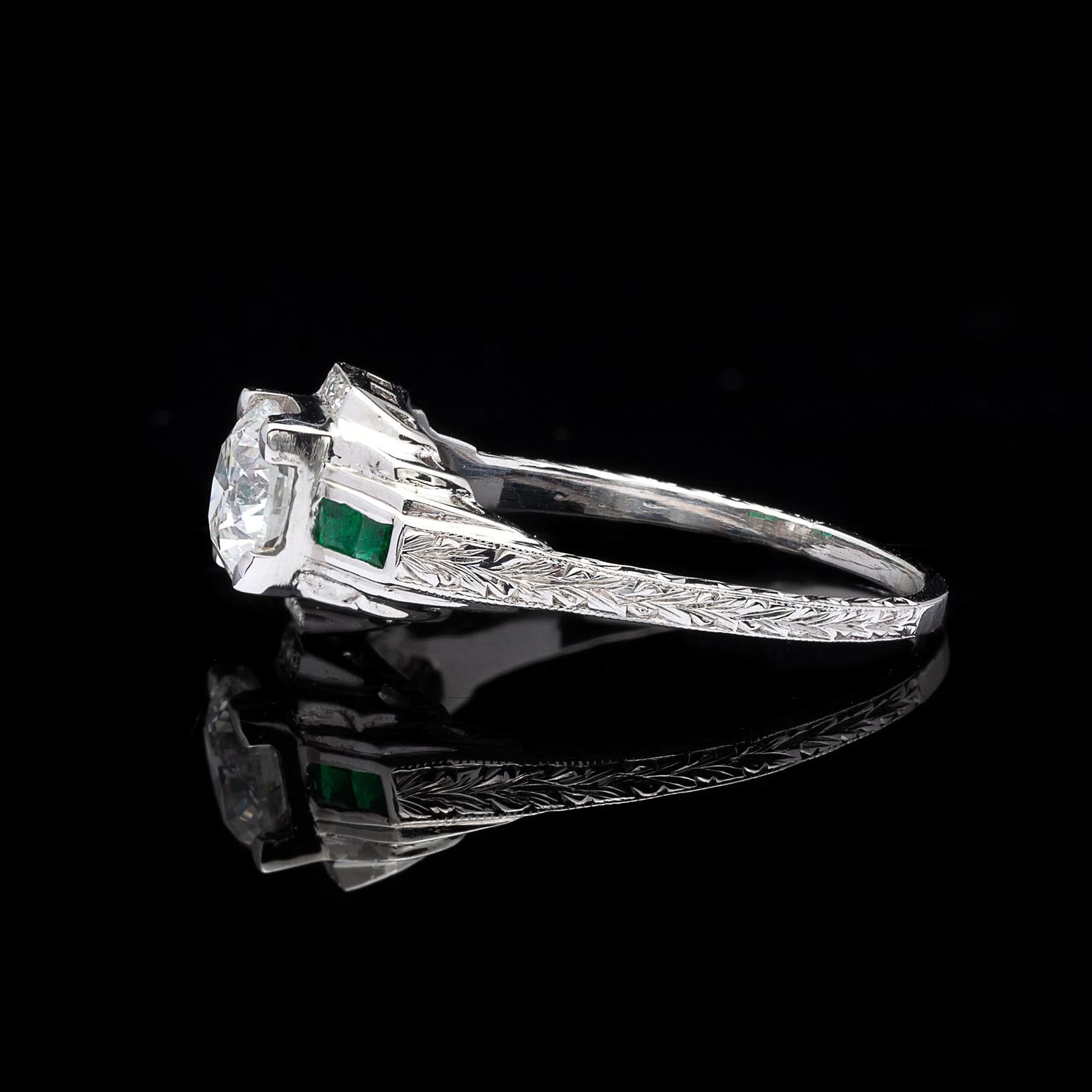 0.90 Carat F/SI1 Diamond and Emerald Engagement Ring In Excellent Condition In San Francisco, CA