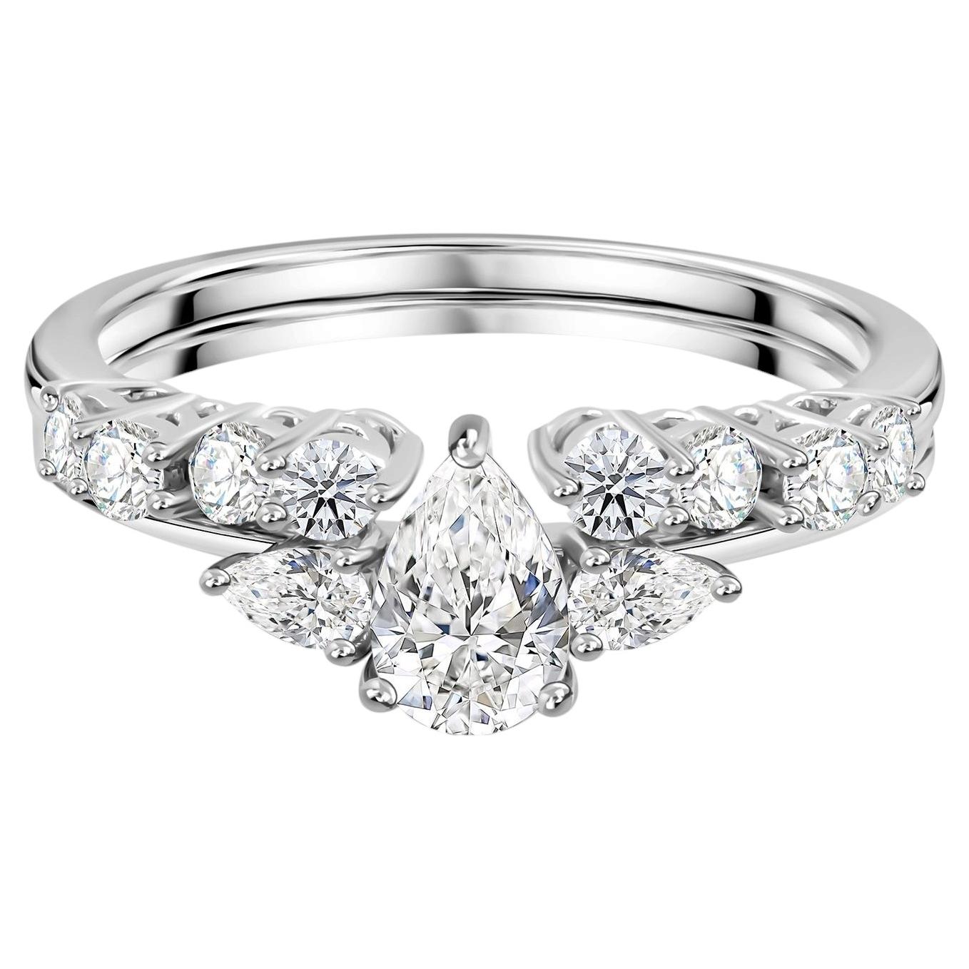 0.90 Ct Handmade Natural Diamond Pear Solitaire Cluster Ring Set 18K White Gold
