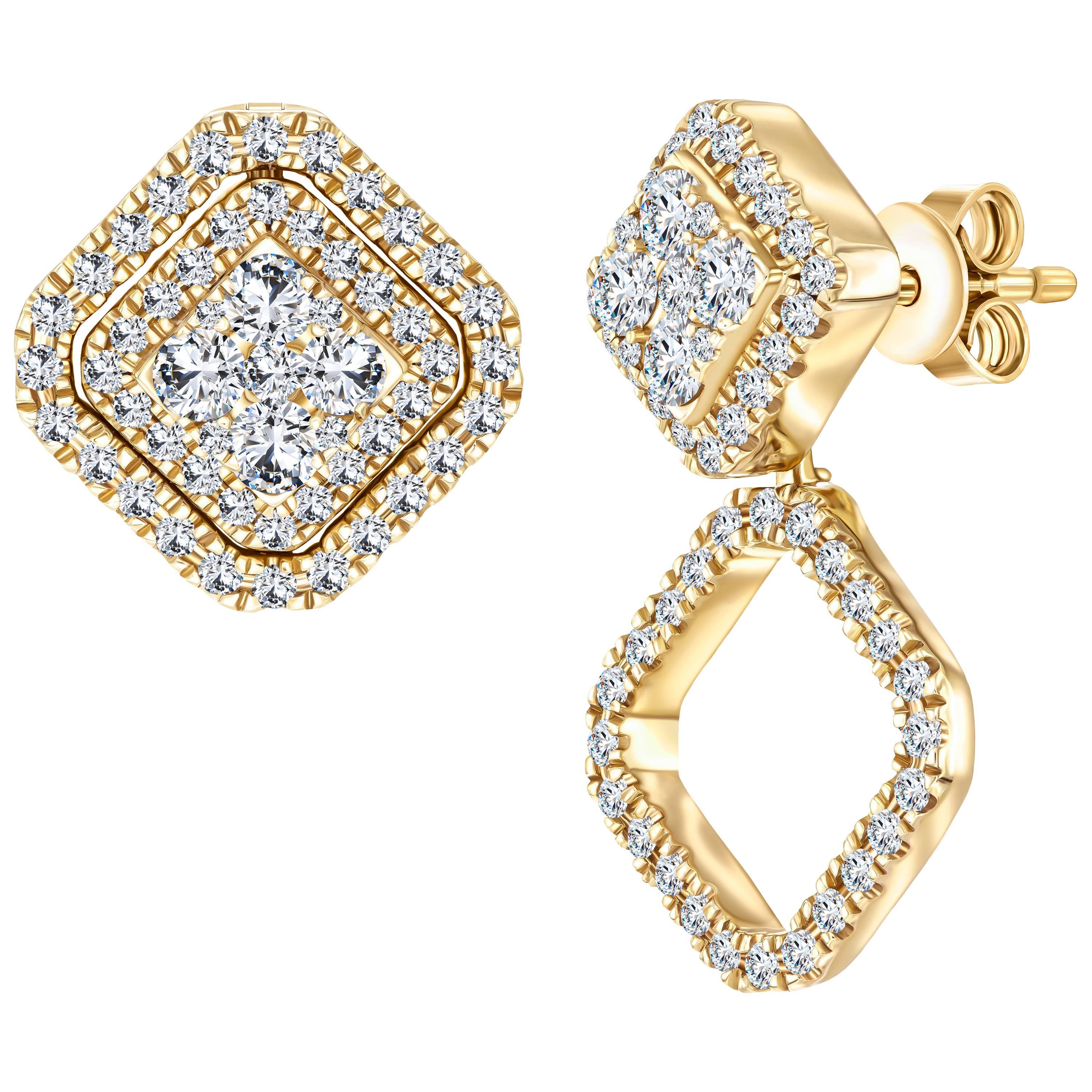 0,90 Karat runder Diamant Fancy 18 KT Gold Wandelbare Cluster-Tropfen-Ohrringe  im Angebot
