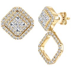 0.90 CT Round Diamond Fancy 18 KT Gold Changeable Cluster Drop Earrings 