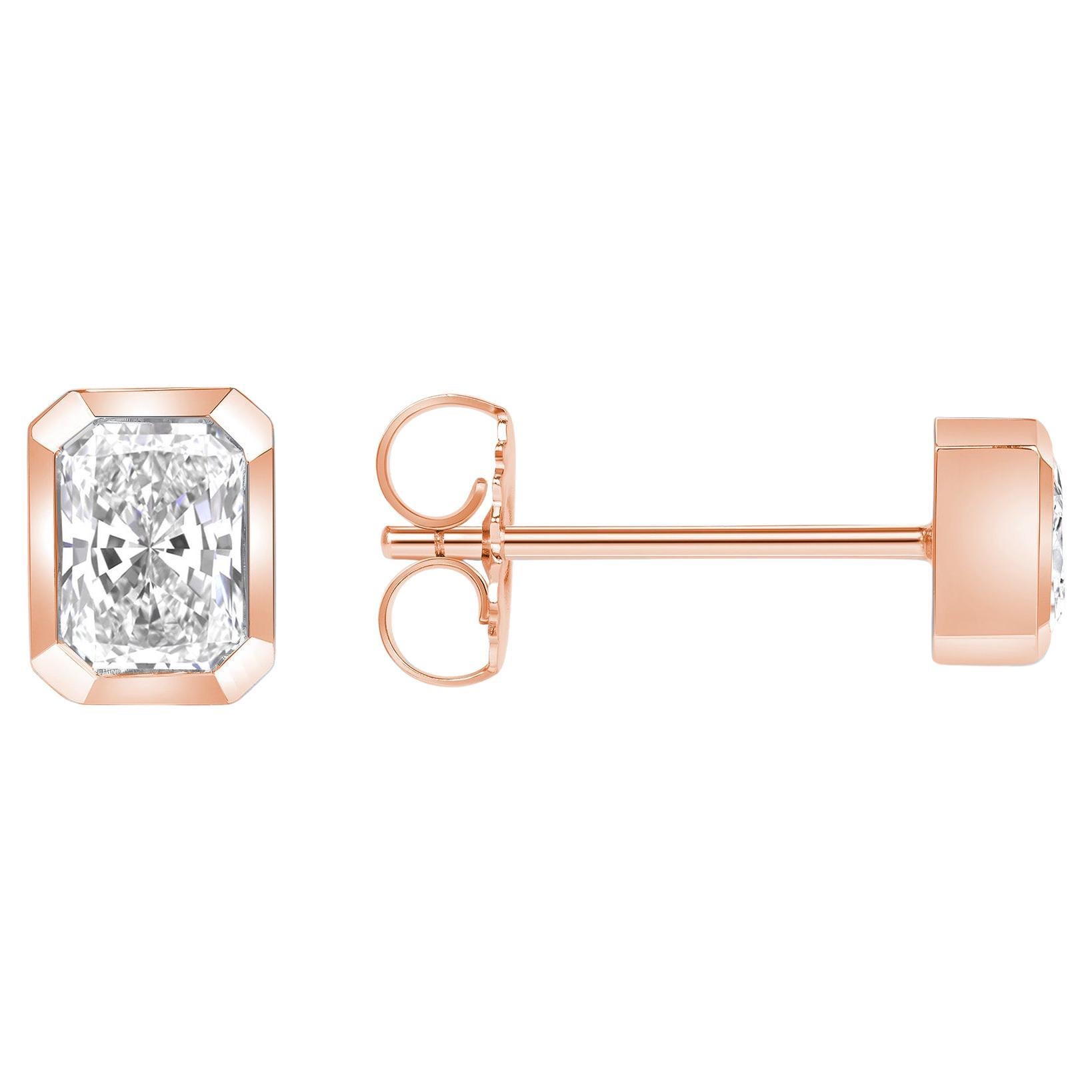 0.90 Tcw Radiant Diamond 18k Rose Gold Stud Earring Bezel Set, Handmade Earrings