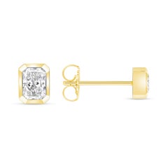 0.90 Tcw Radiant Diamond 18k Yellow Gold Stud Earring Bezel Set Handmade Earring