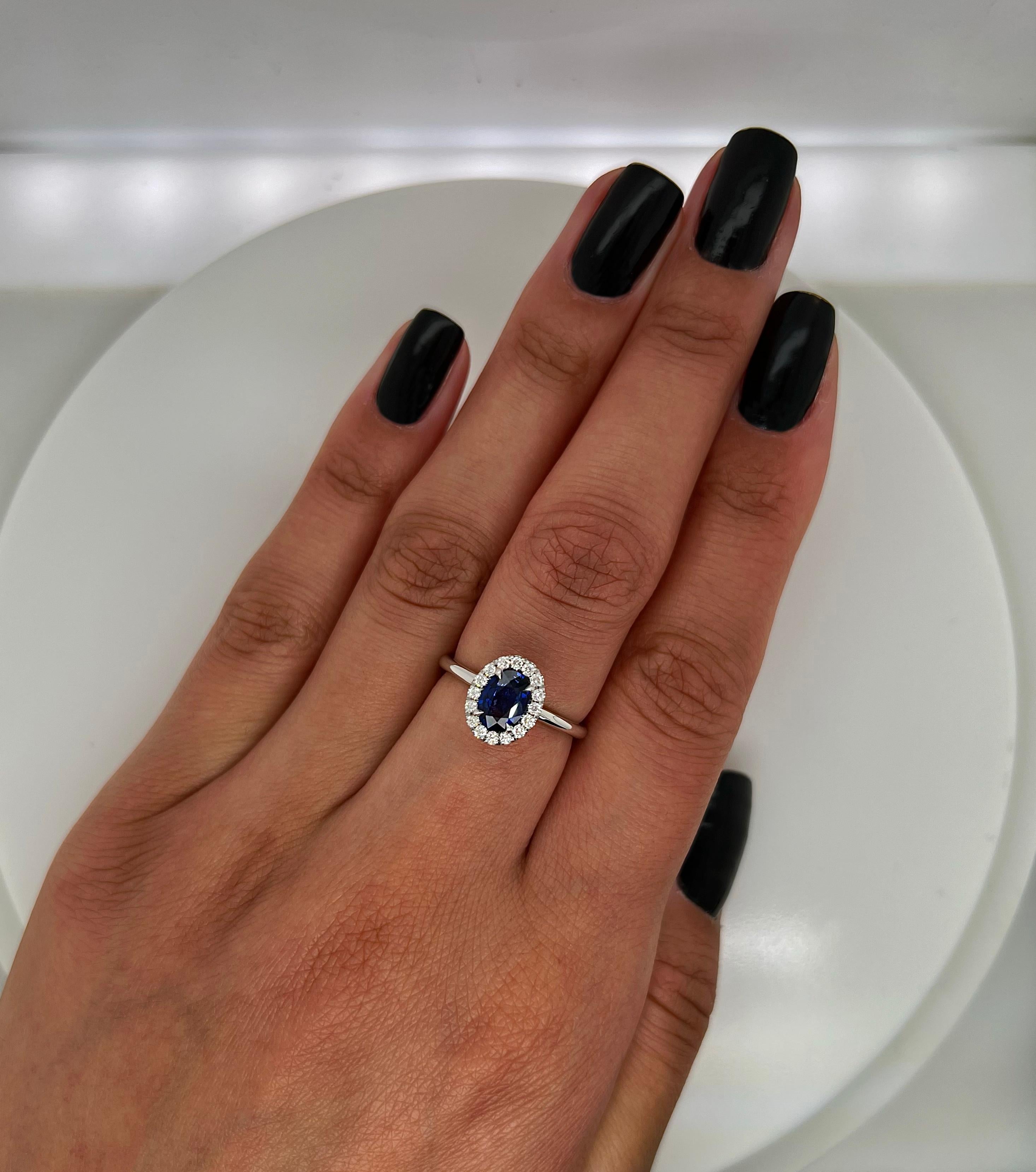Oval Cut 1.14 Total Carat Sapphire Diamond Ladies Halo Ring For Sale
