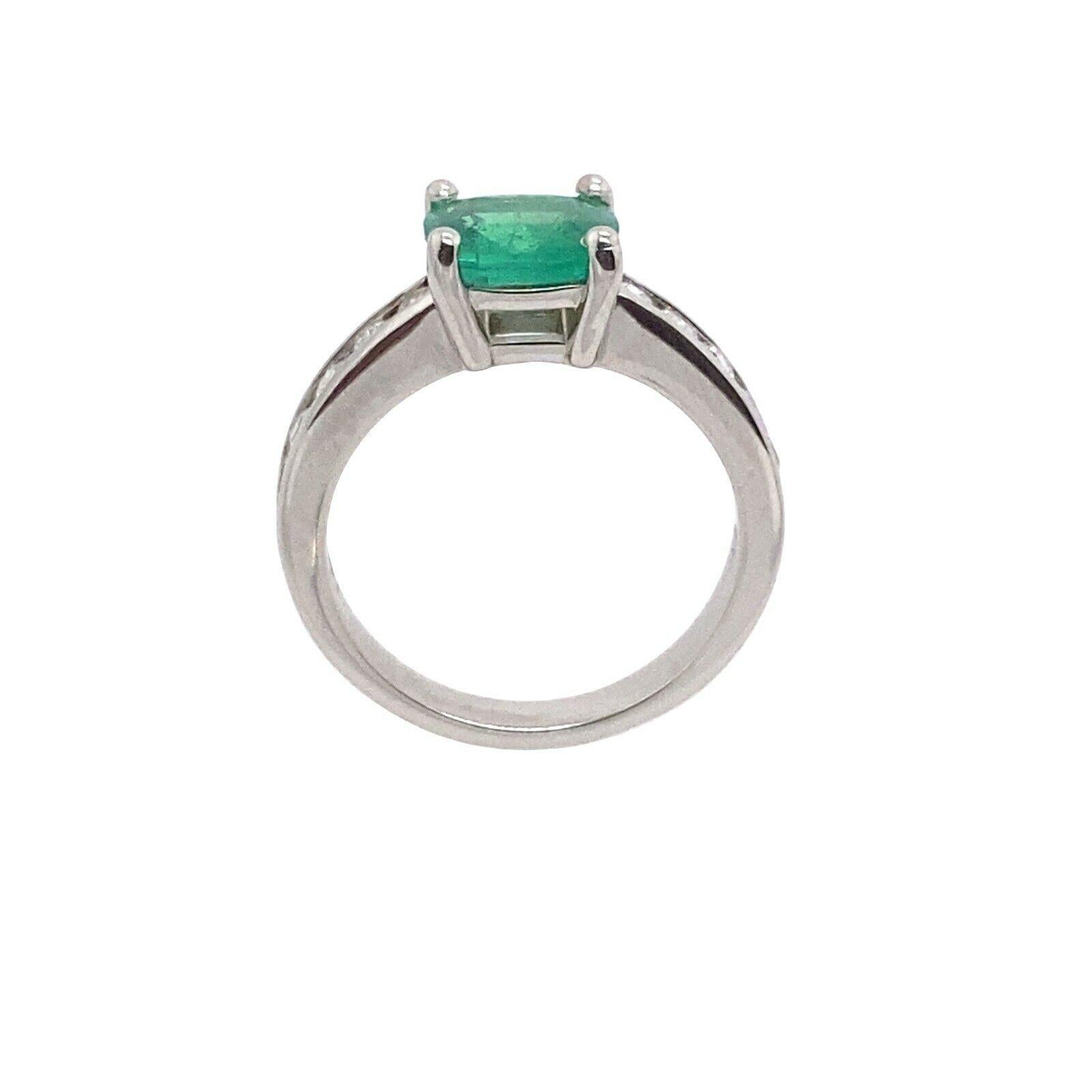 Cushion Cut 0.90ct Cushion Shape Emerald & Diamond Solitaire Ring in Platinum For Sale
