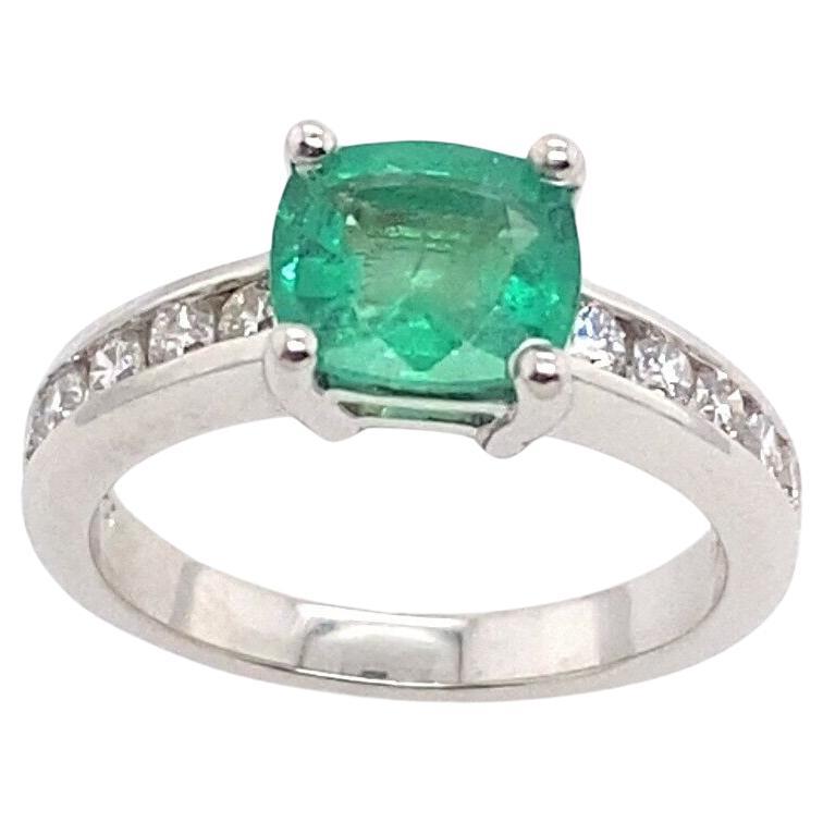 0.90ct Cushion Shape Emerald & Diamond Solitaire Ring in Platinum For Sale