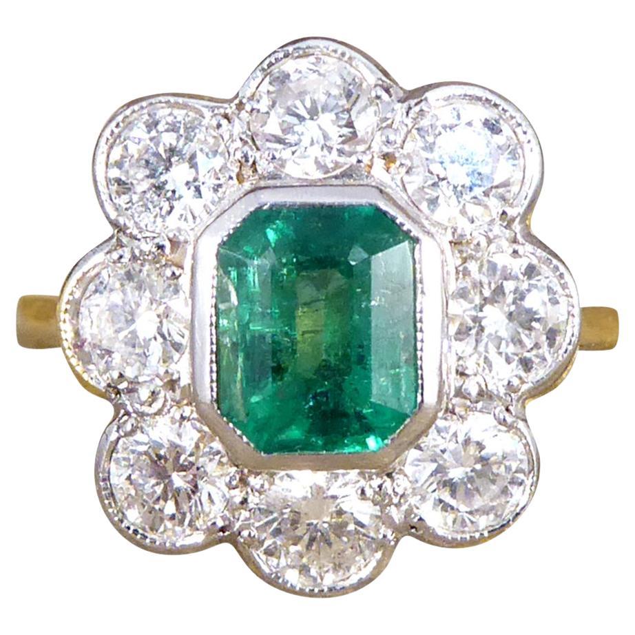 0.90ct Emerald and 1.05ct Diamond Cluster Ring in 18ct White and Yellow Gold