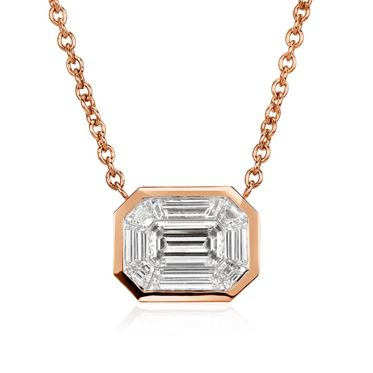 0.90ct Emerald and Trapezoid Cut Mosaic Diamond Pendant in 14K Rose Gold