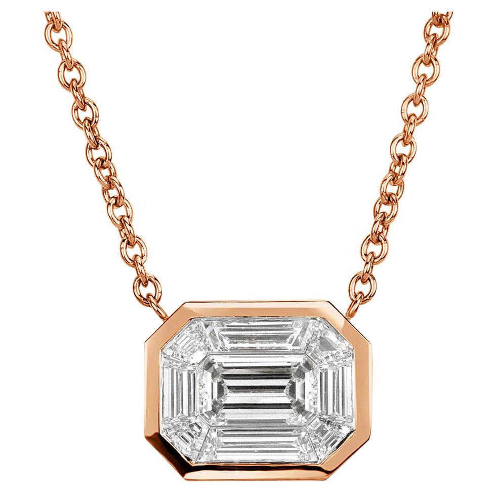 0.90ct Emerald and Trapezoid Cut Mosaic Diamond Pendant in 14K Rose Gold