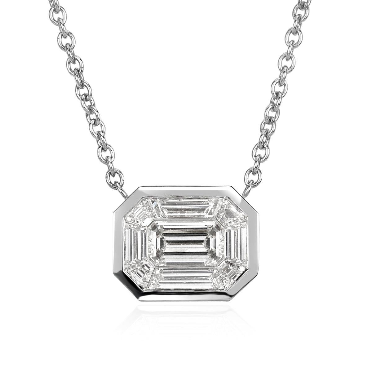 0.90ct Emerald and Trapezoid Cut Mosaic Diamond Pendant in 14K White Gold