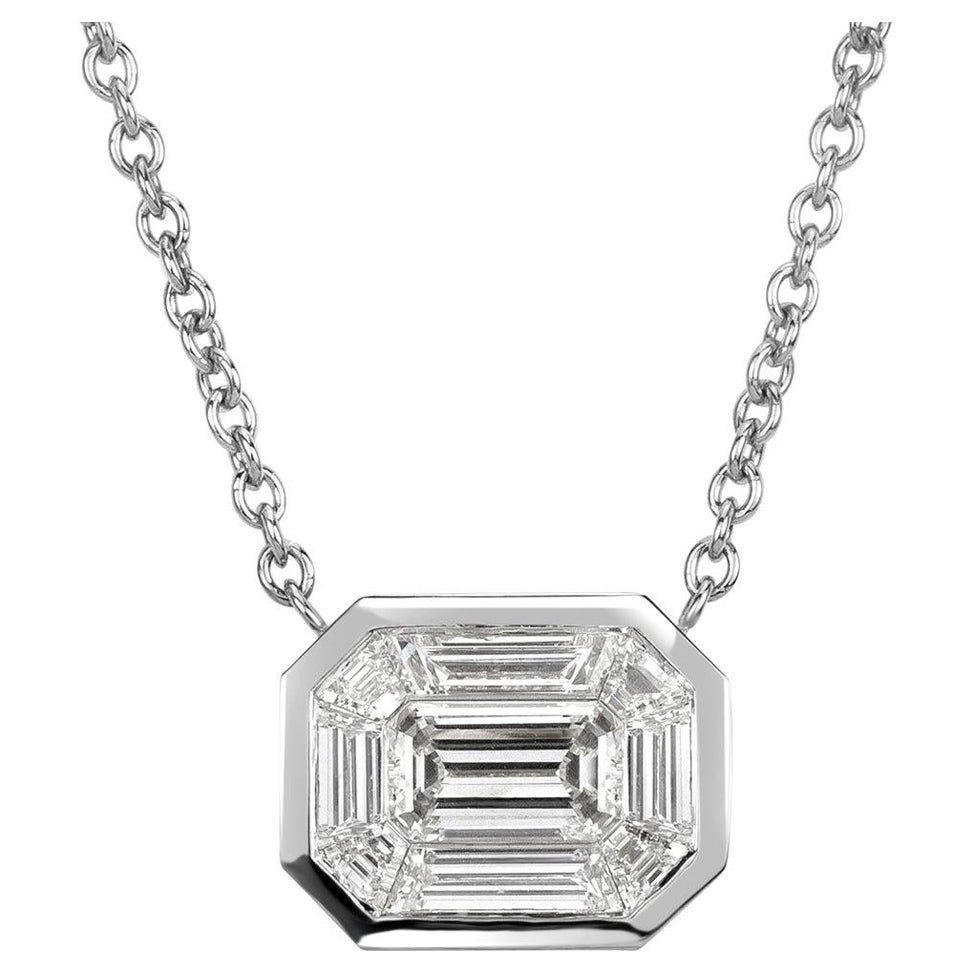0.90ct Emerald and Trapezoid Cut Mosaic Diamond Pendant in 14K White Gold
