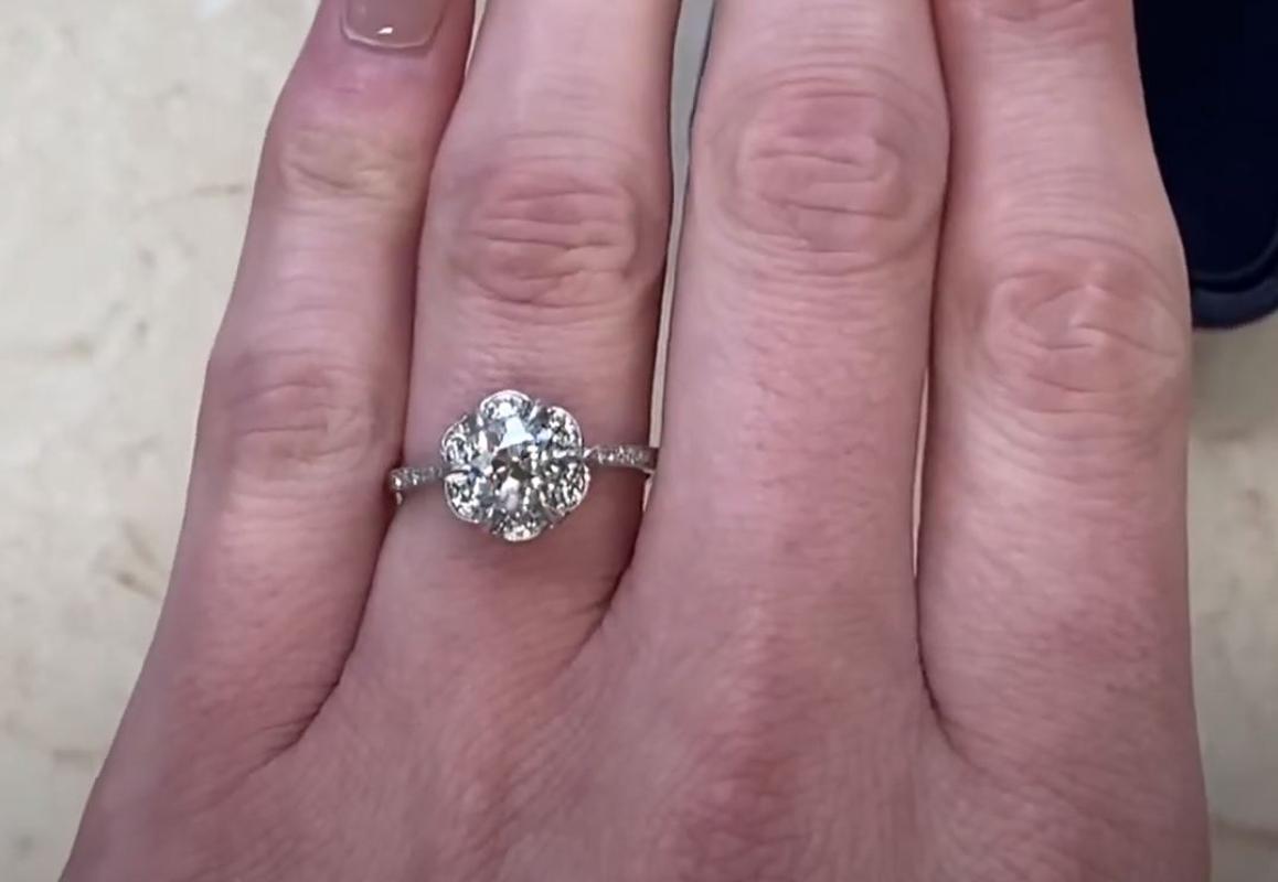 Women's 0.90ct Old European Cut Diamond Cluster Engagement Ring, Diamond Halo, Platinum For Sale