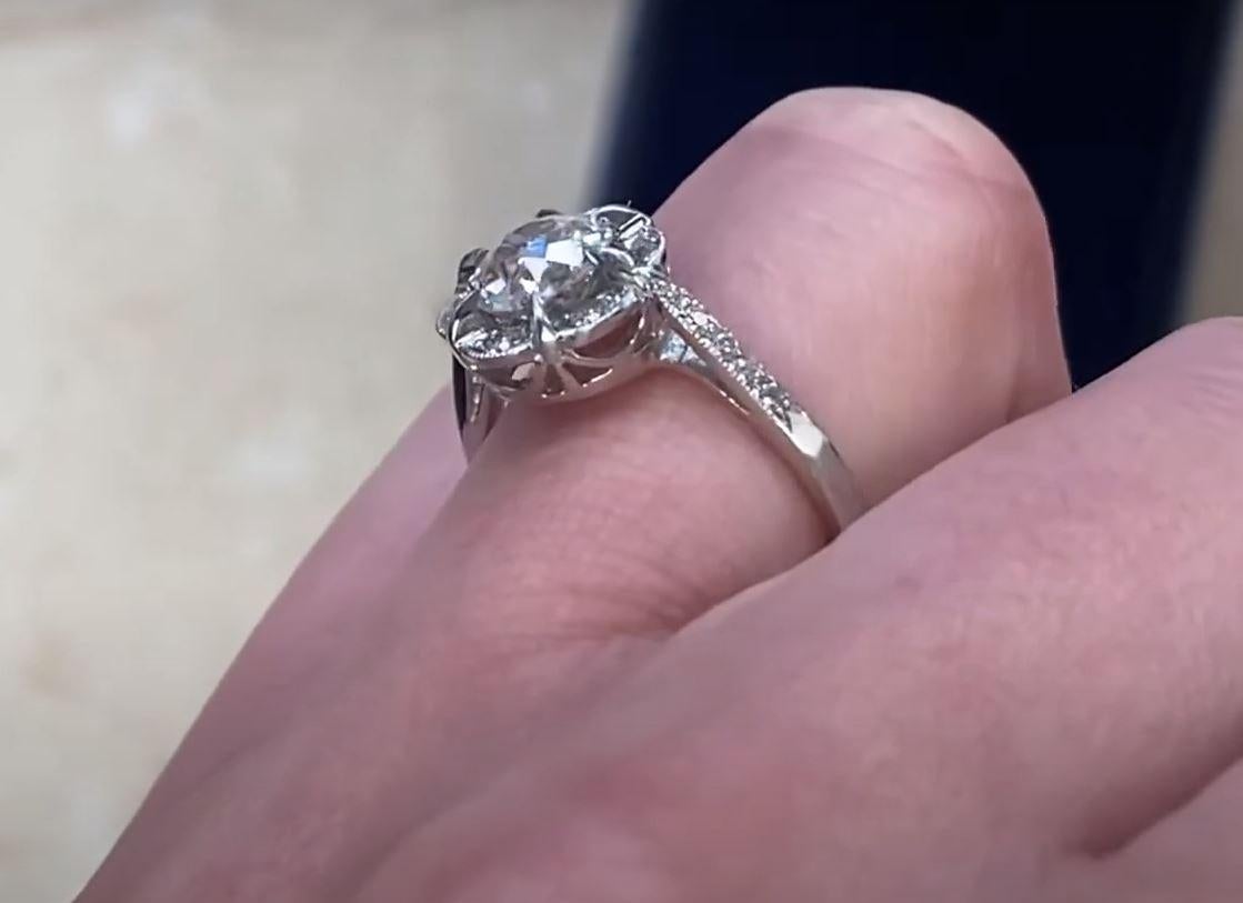 0.90ct Old European Cut Diamond Cluster Engagement Ring, Diamond Halo, Platinum For Sale 2