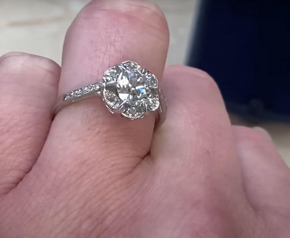 0.90ct Old European Cut Diamond Cluster Engagement Ring, Diamond Halo, Platinum For Sale 4