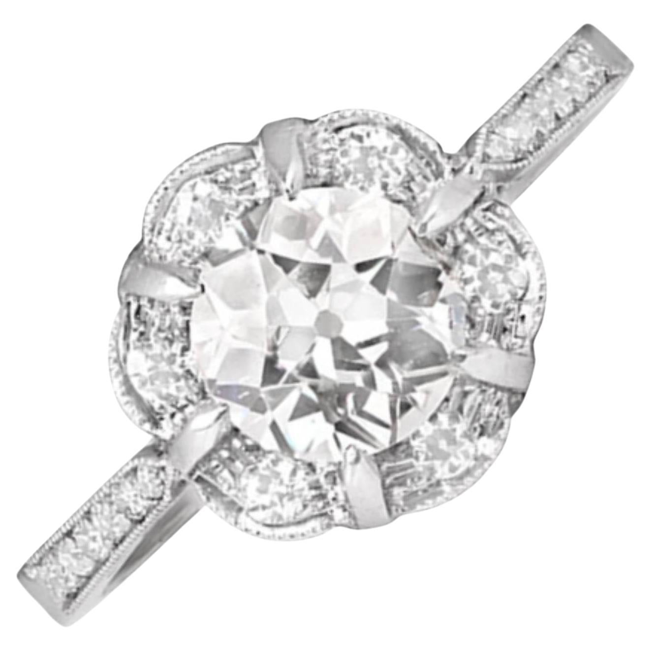 0.90ct Old European Cut Diamond Cluster Engagement Ring, Diamond Halo, Platinum