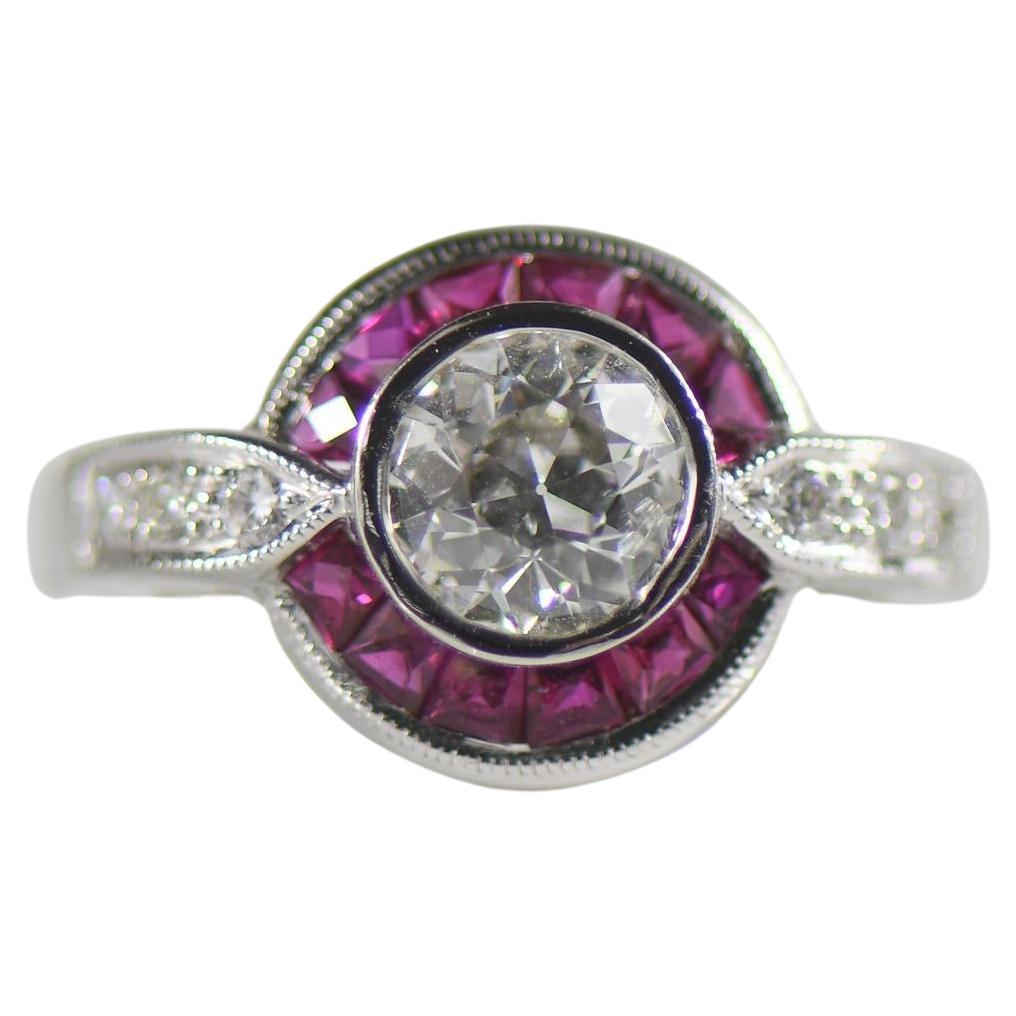 0,90ct Old European Cut Diamant & Französisch Cut Rubin Art Deco inspiriert 18K Ring im Angebot