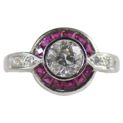Antique 0.90ct Old European Cut Diamond & French Cut Ruby Art Deco Inspired 18K Ring