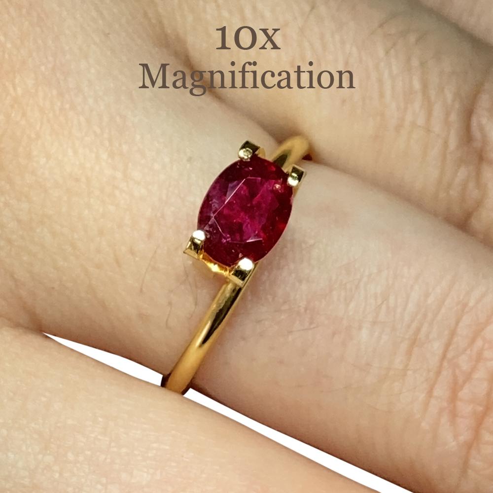 Description:

Gem Type: Ruby
Number of Stones: 1
Weight: 0.9 cts
Measurements: 6.94 x 5.11 x 2.70 mm
Shape: Oval
Cutting Style Crown: Brilliant Cut
Cutting Style Pavilion: Step Cut
Transparency: Transparent
Clarity: Moderately Included: Inclusions