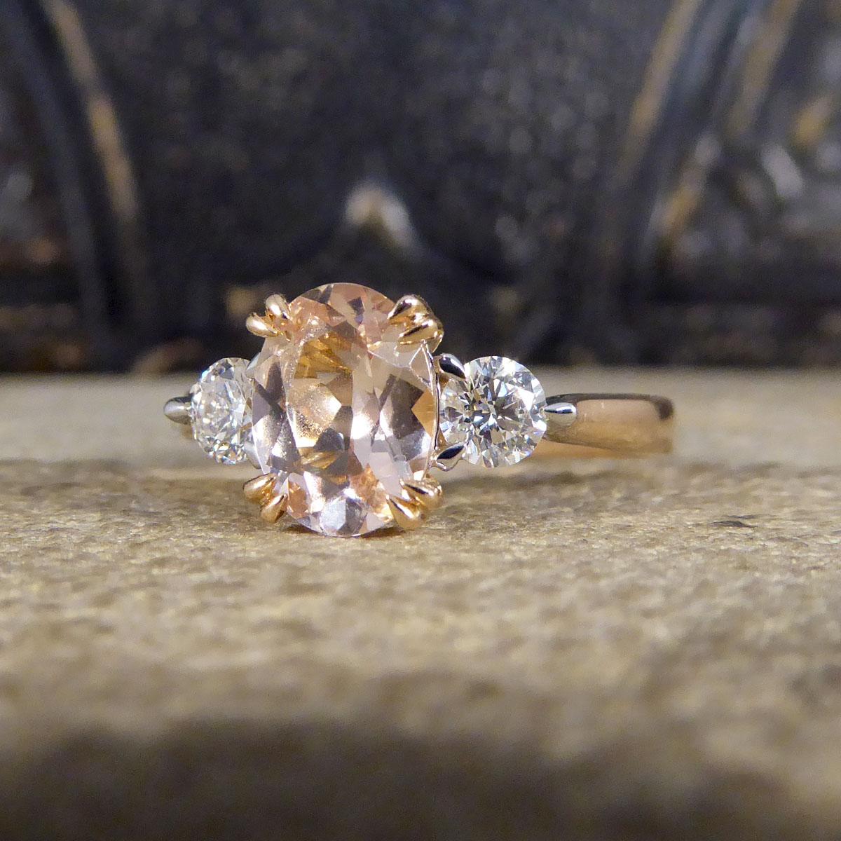 Modern 0.90ct Pink Morganite and Diamond Three Stone Ring in 18ct Rose Gold