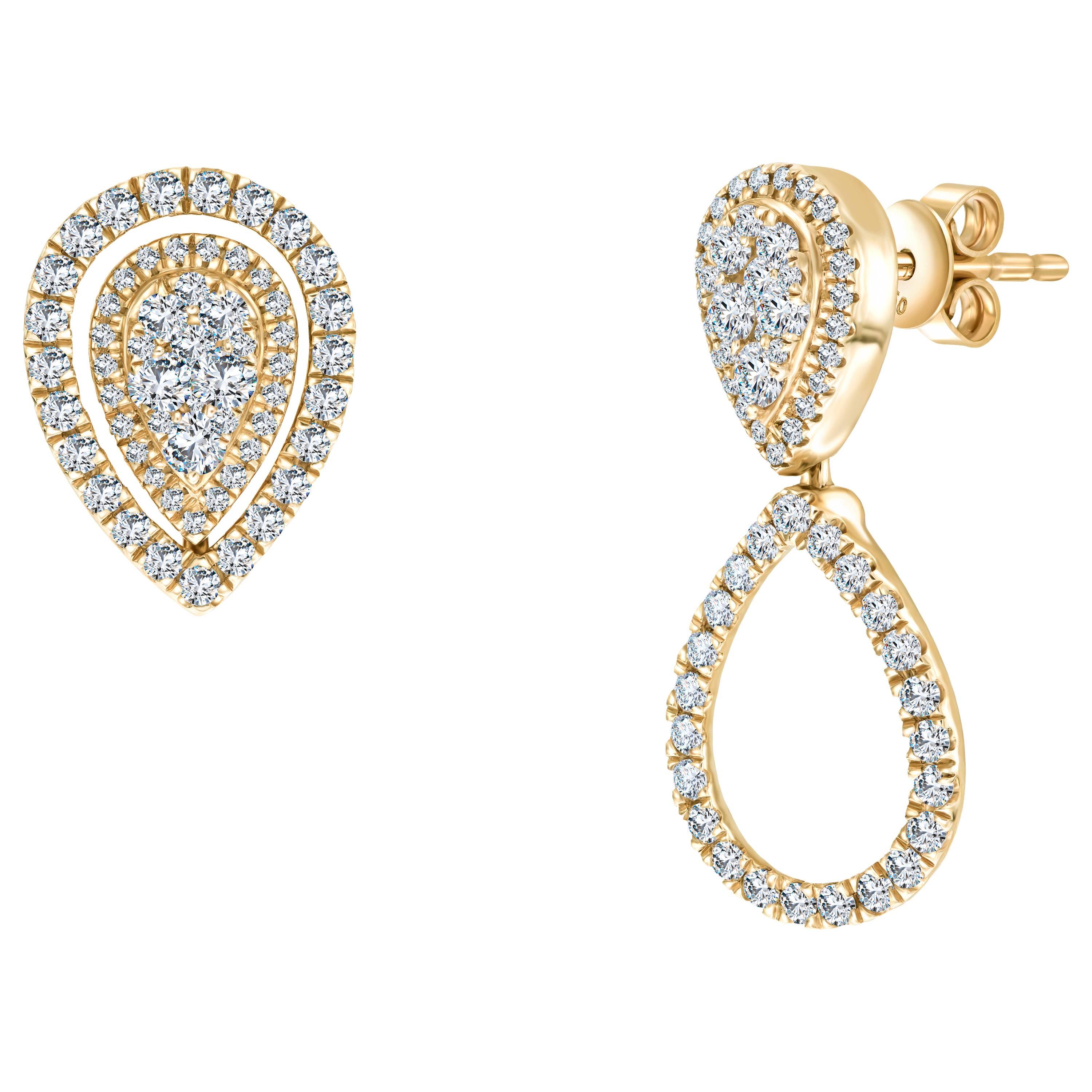 0.90ct round brilliant diamond fancy changeable pear drop yellow gold earrings  For Sale