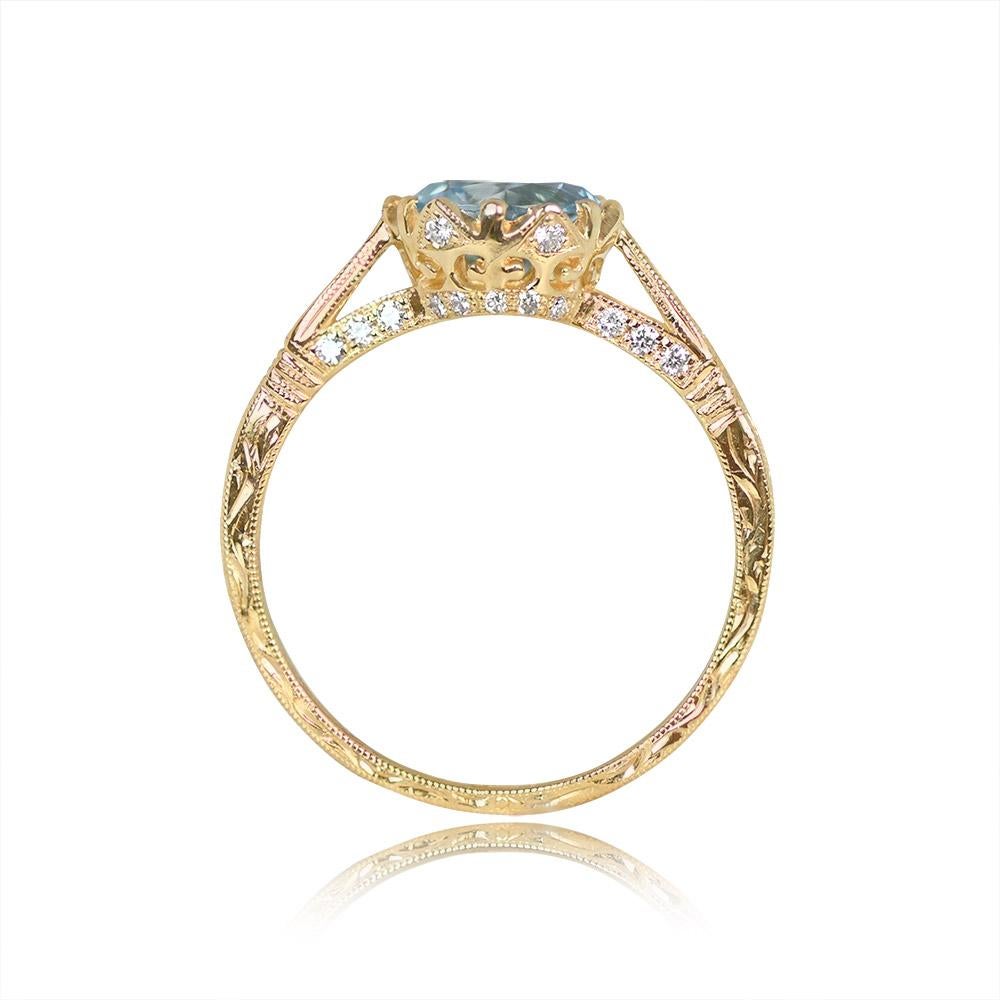 0.90ct Round Cut Natural Aquamarine Engagement Ring, 18k Yellow Gold For Sale 5