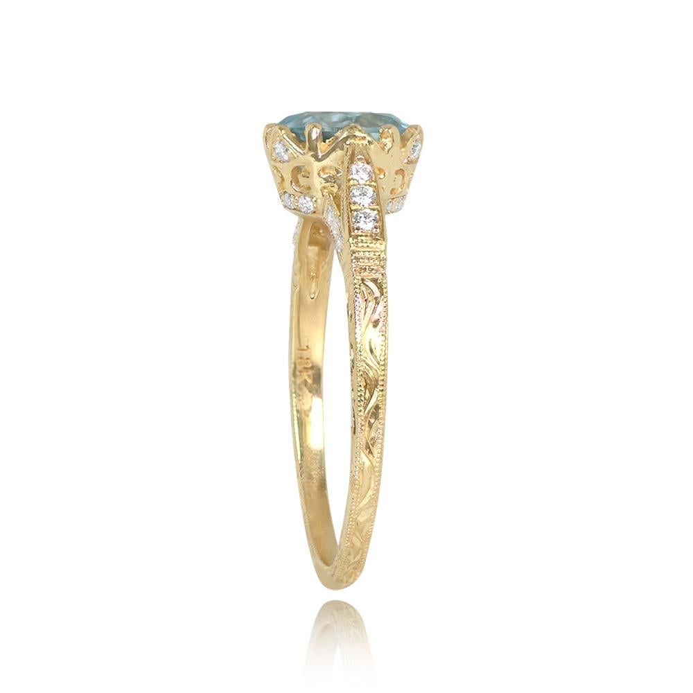 0.90ct Round Cut Natural Aquamarine Engagement Ring, 18k Yellow Gold For Sale 6