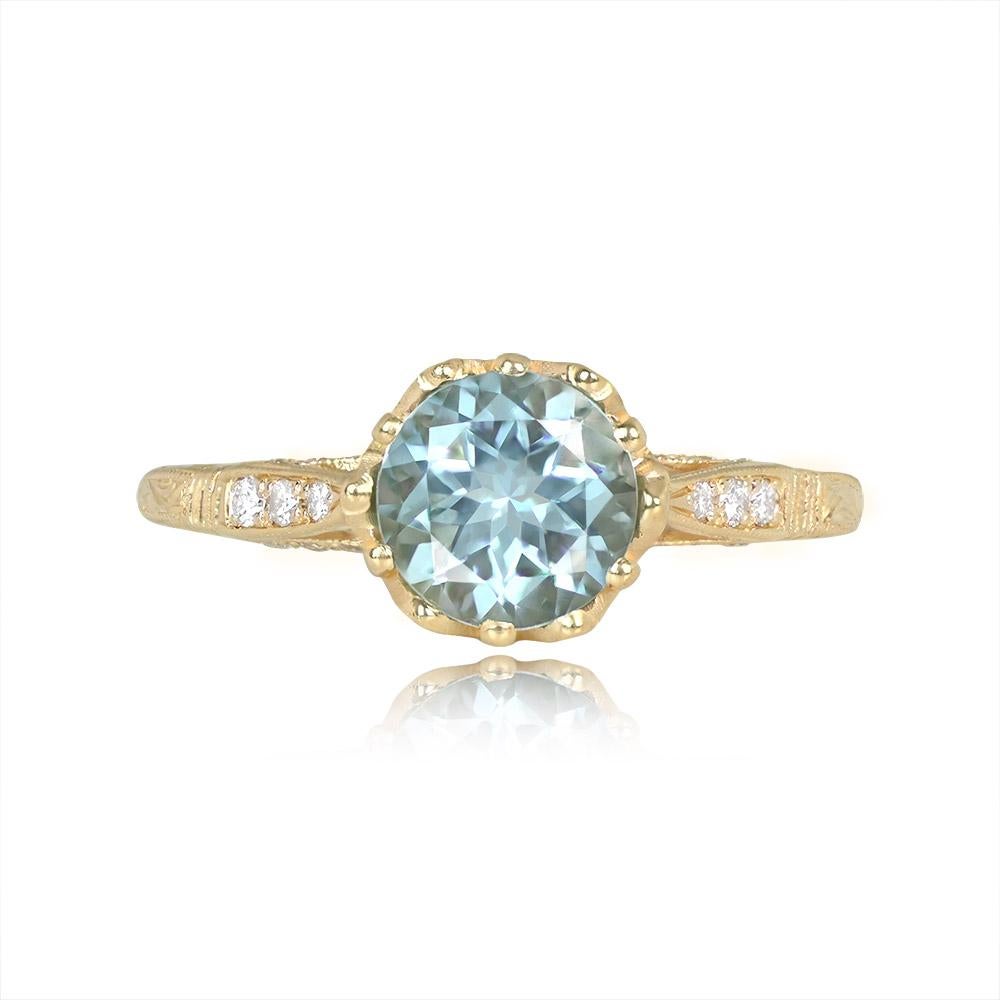 0.90ct Round Cut Natural Aquamarine Engagement Ring, 18k Yellow Gold For Sale 7