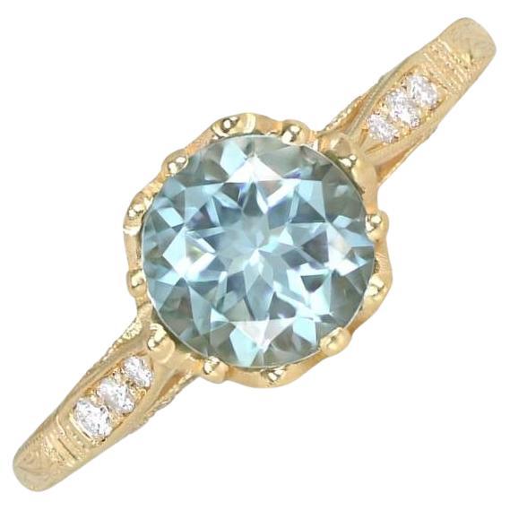 0.90ct Round Cut Natural Aquamarine Engagement Ring, 18k Yellow Gold For Sale