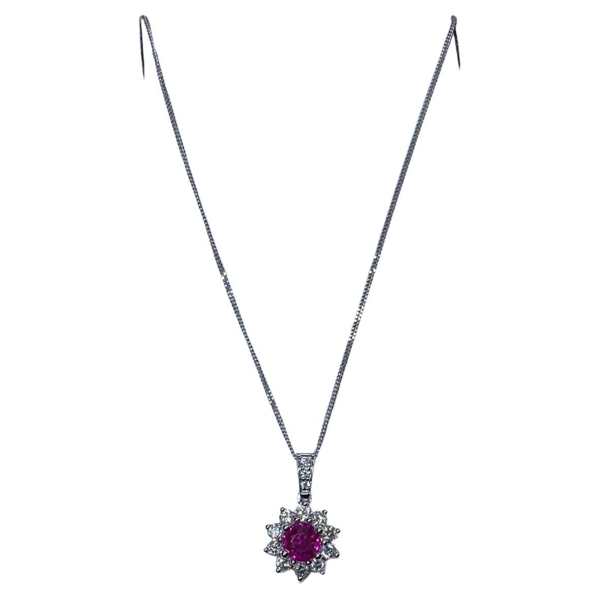 0.90ct Ruby and diamonds cluster halo Pendant Necklace Chain in 18k white gold.