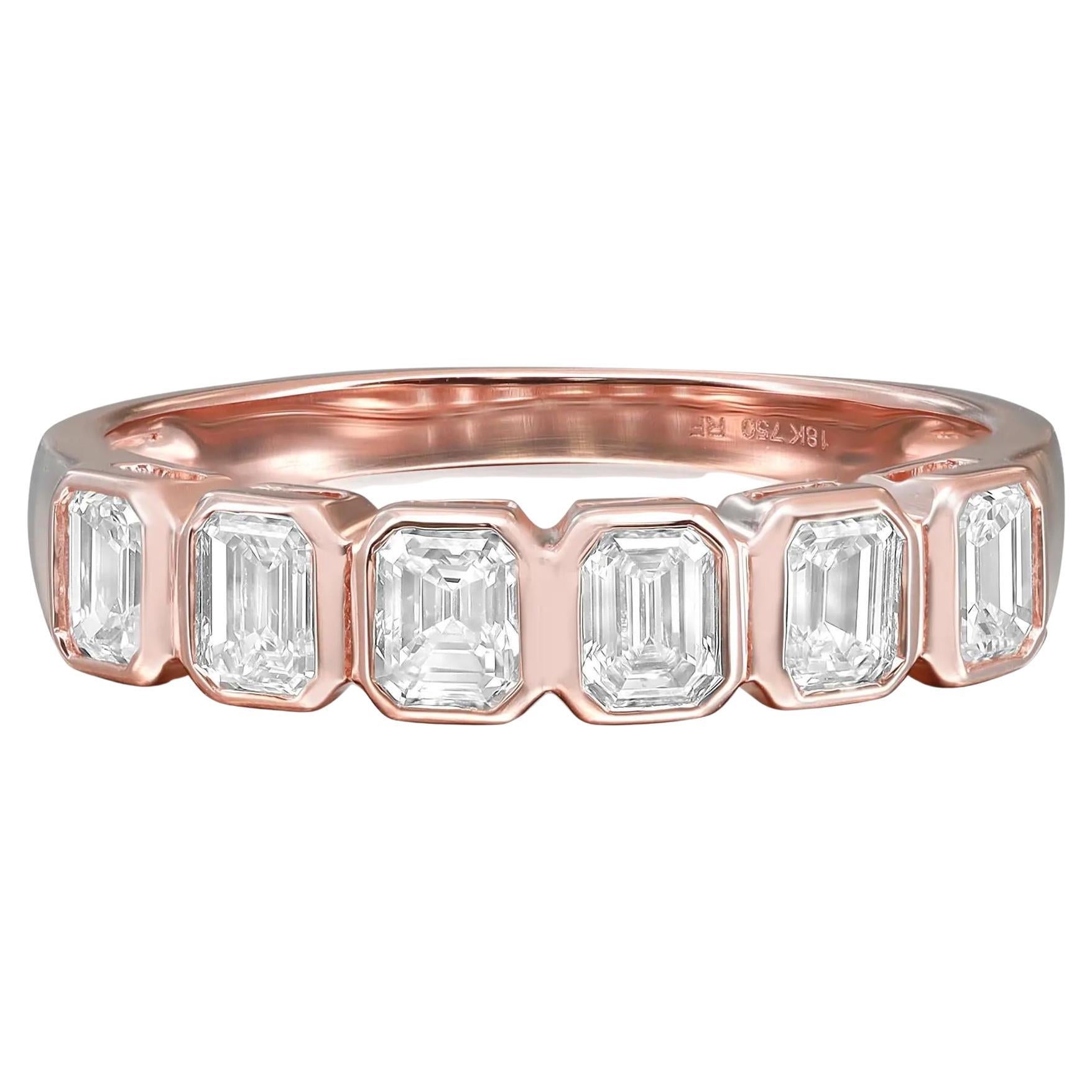 0.90cttw Bezel Set Emerald Cut Diamond Eternity Band Ring 18k Rose Gold For Sale