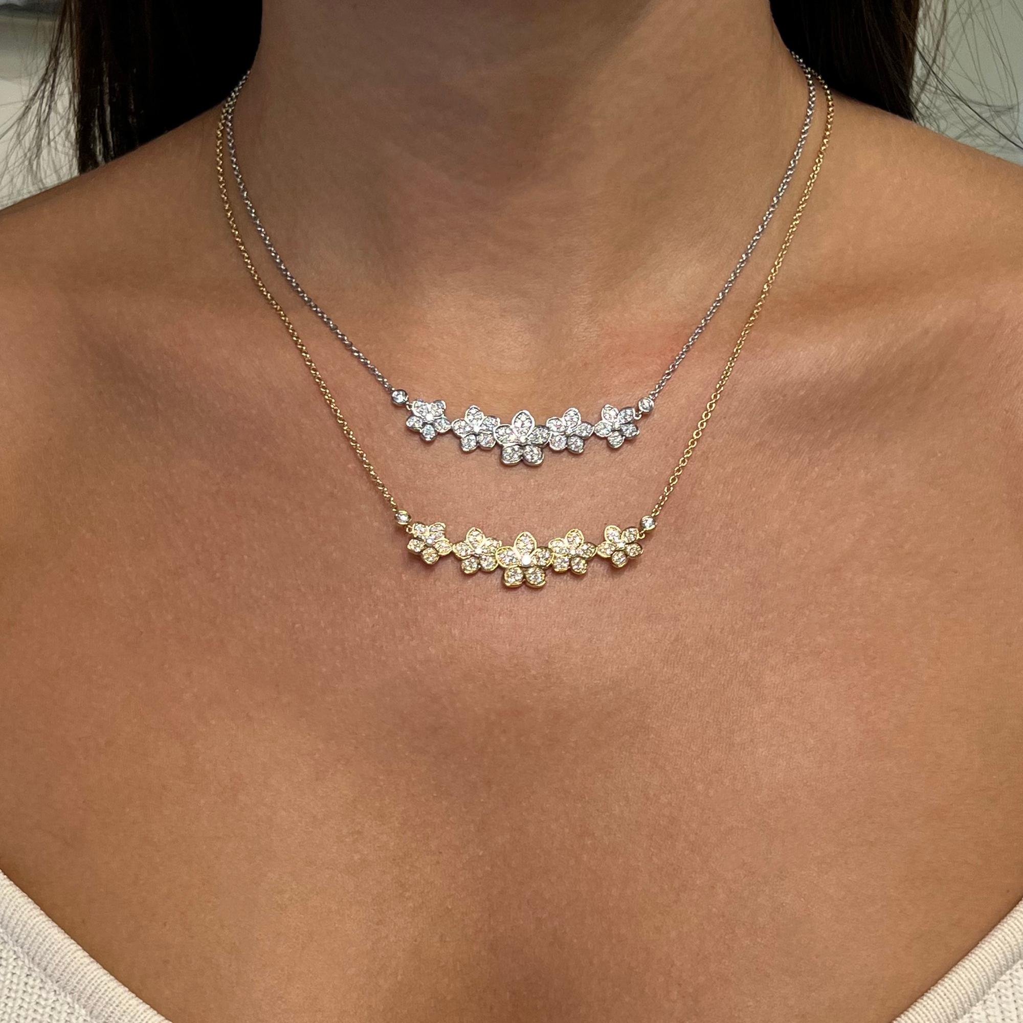 0.90Cttw Round Cut Diamond Floral Bar Necklace 18K White Gold 18 Inches For Sale 2