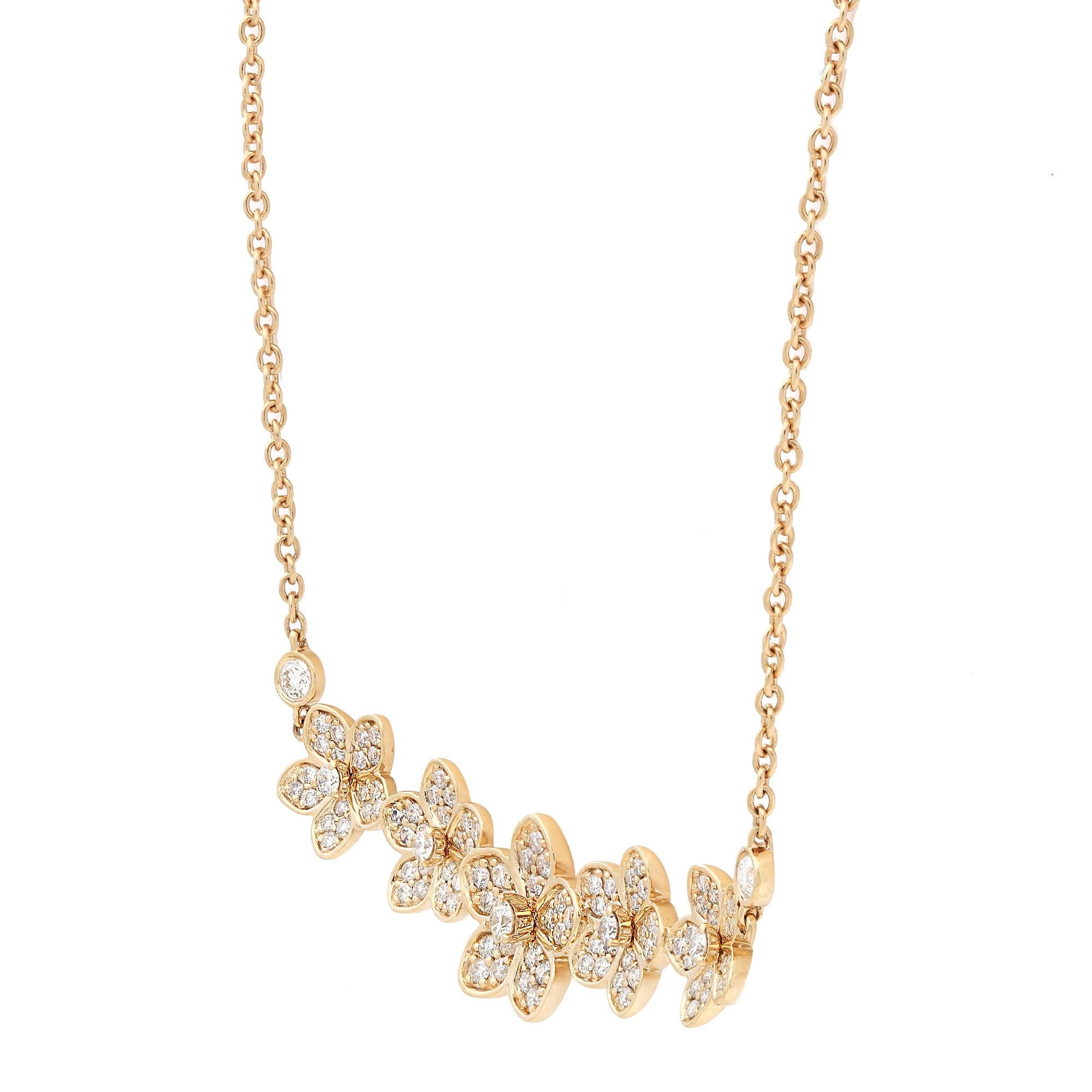 Lead the way with this alluring diamond floral bar necklace for her. Crafted in 18K yellow gold, this necklace features five flowers encrusted with 0.90 carat of shimmering round cut diamonds. Diamond quality: color G-H and clarity VS-SI. Bar size:
