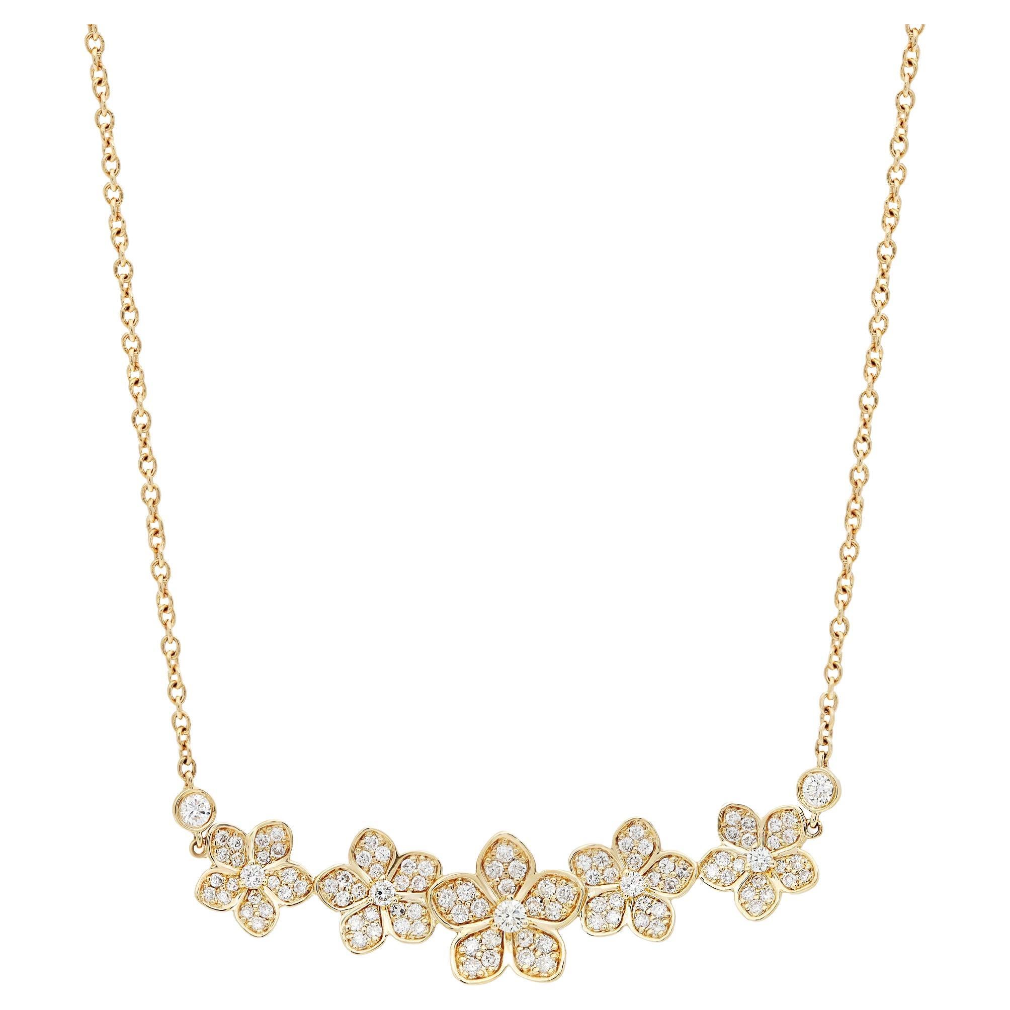 0.90Cttw Round Cut Diamond Floral Bar Necklace 18K Yellow Gold 18 Inches For Sale